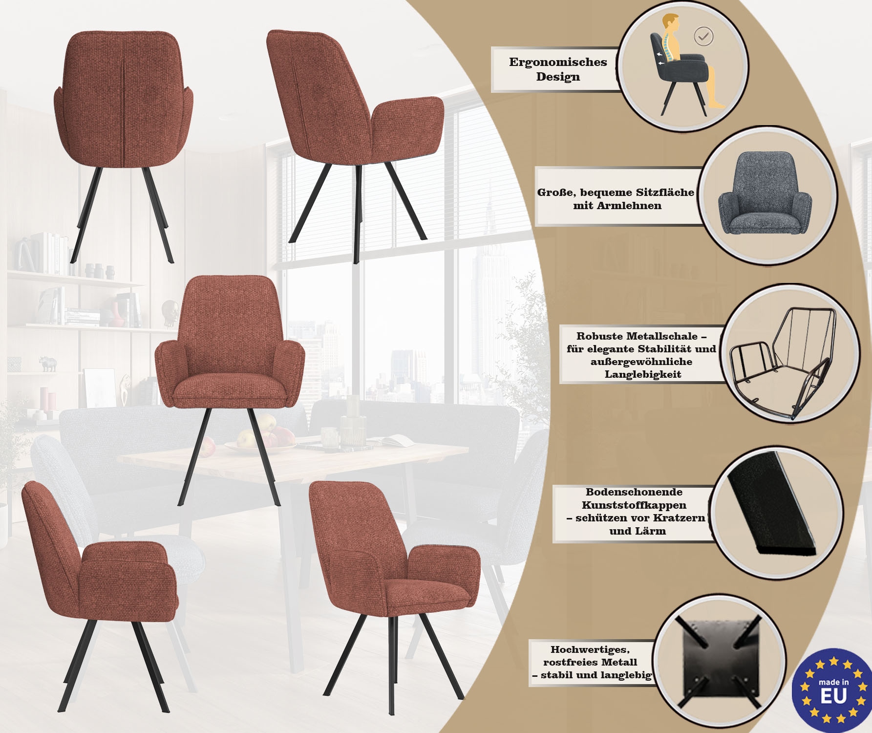 GOODproduct Chaise avec accoudoirs »Mily Esszimmerstuhl, Polstersessel, Wohnstuhl, Essstuhl mit Armlehnen« (Set) 2 cuismit schwarz pulverbeschichteten Metallbeinen, gepolstert, modern