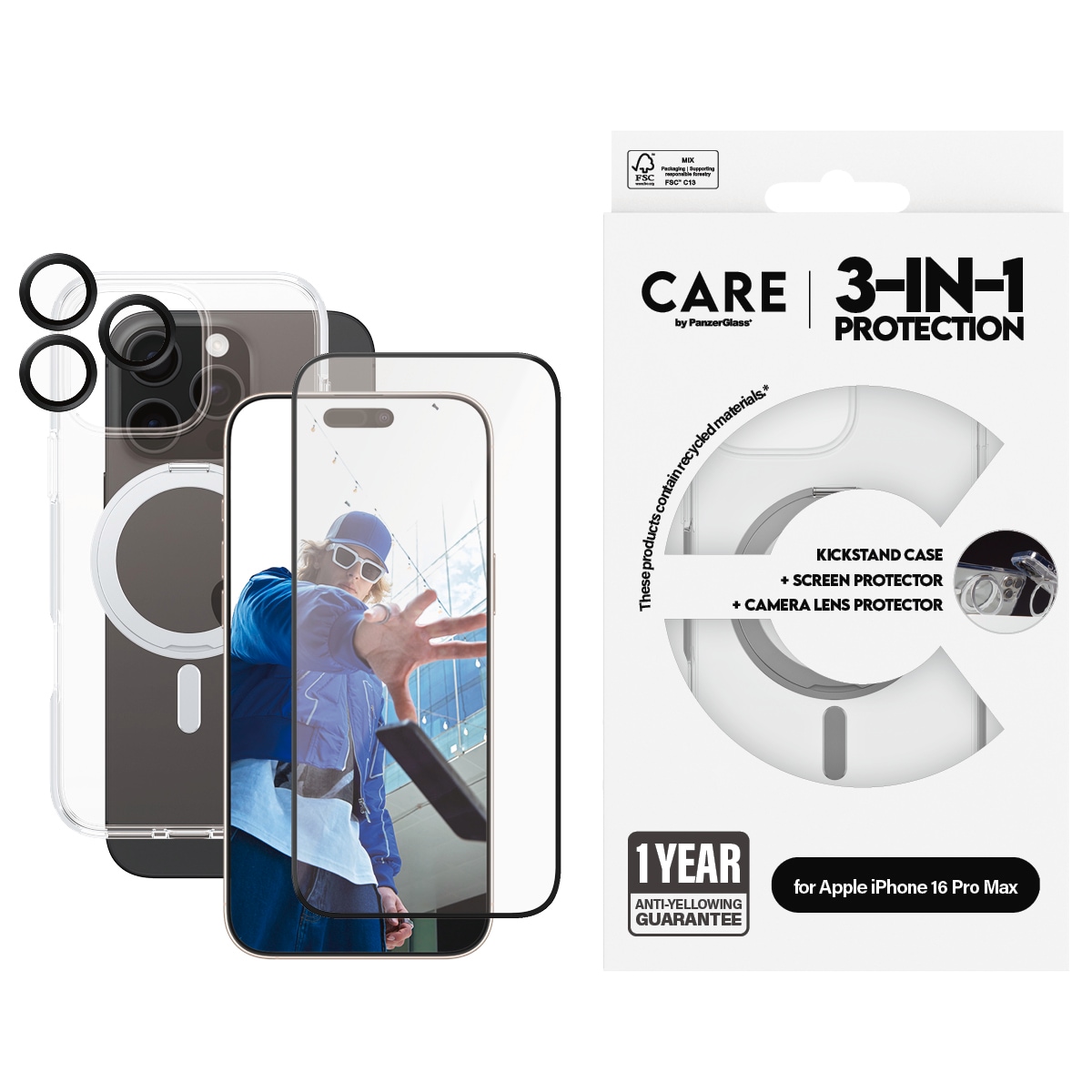 Image of CARE by PanzerGlass Displayschutzglas "3-in-1 Protection, Ceramic Glass, Kickstand Case, Lens Cover" für Apple iPhone 16 Pro Max Displayschutzfolie, Schutzfolie, Bildschirmschutz, kratz- & stossfest