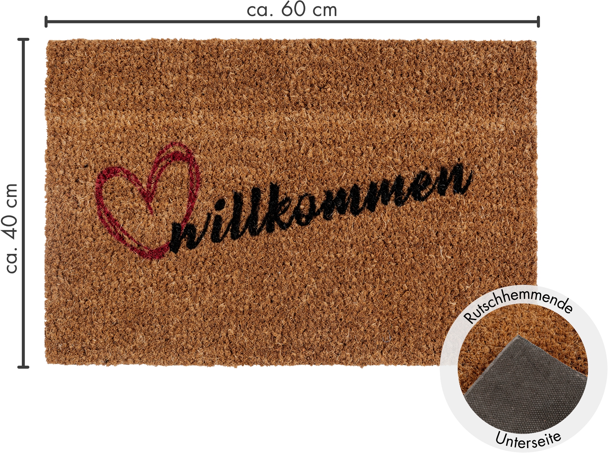 Andiamo Fussmatte »Kokos Willkommen«, rechteckig, 17 mm Höhe, Schmutzfangmatte, mit Spruch, rutschhemmend, In- und Outdoor geeignet