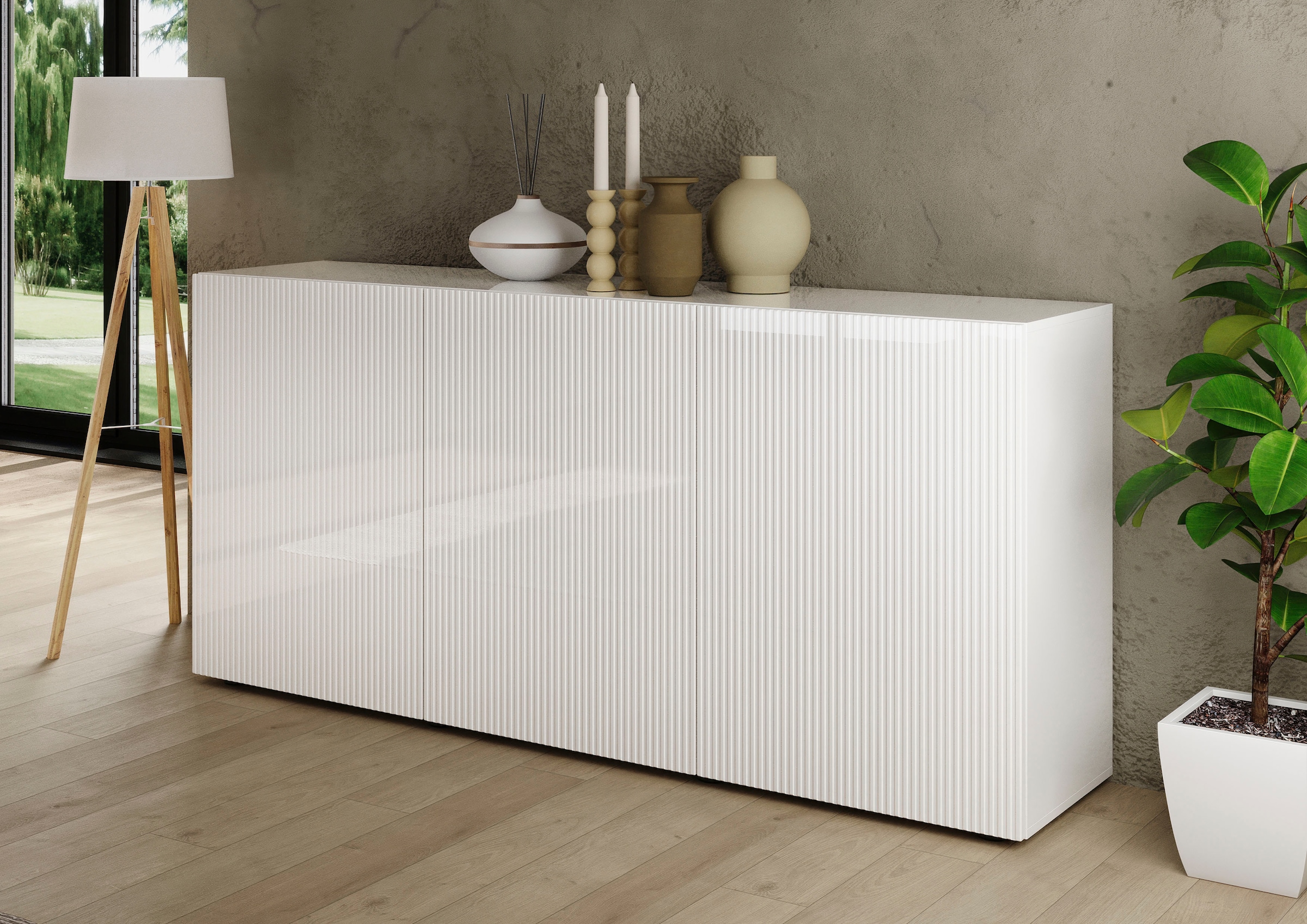 INOSIGN Sideboard »Rio Breite 181 cm, Kommode mit 3 Türen, Anrichte,« geriffelte MDF-Fronten, modern u. elegant, viel Stauraum
