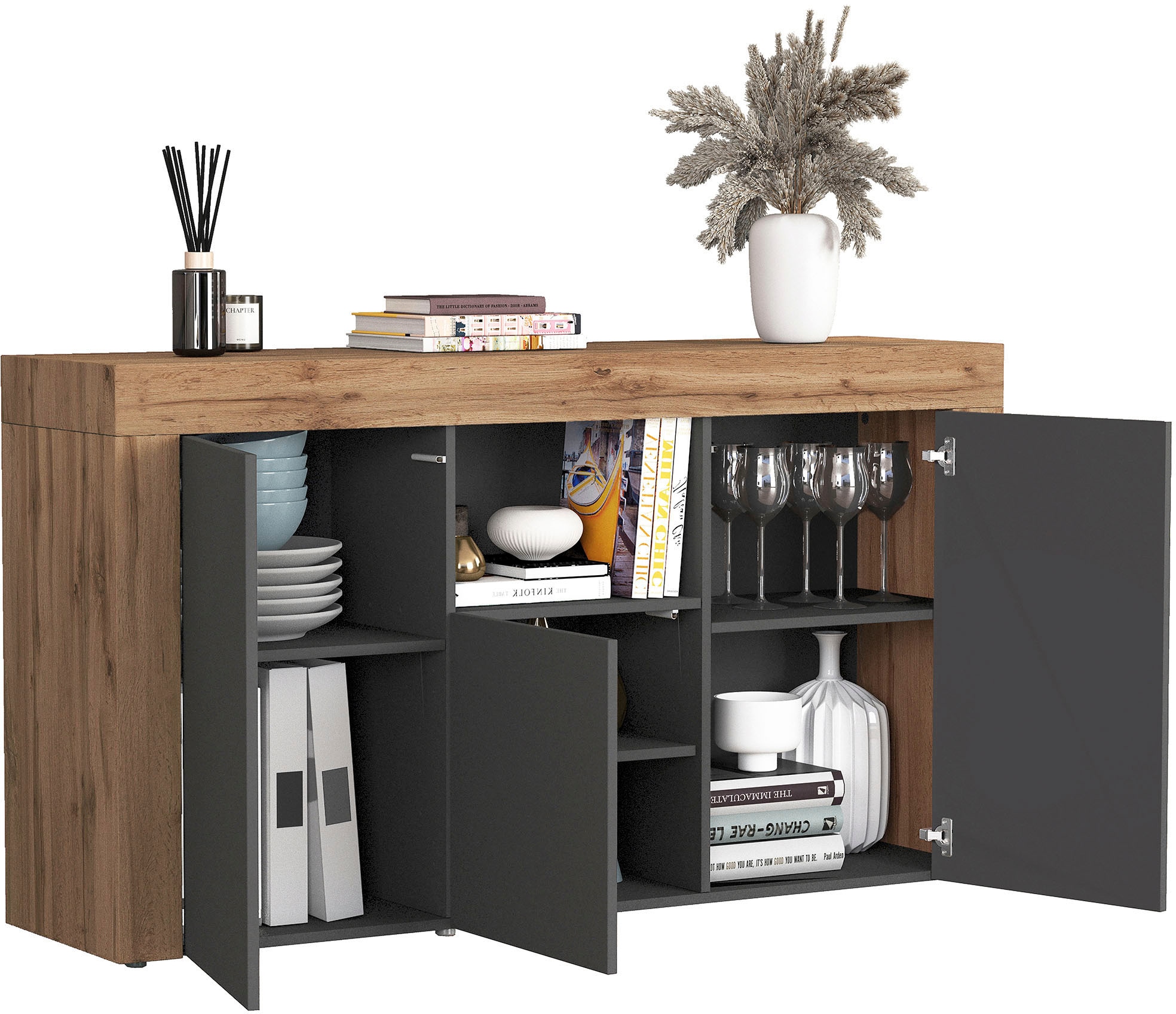 INOSIGN Sideboard »CHRONOS Breite 155 cm mit 3 Türen, 1 offenes und 6 geschlossene Fächer«, (1 St.), Sideboard,Kommode, Schrank, Grifflos mit Push to Open, Made in Italy