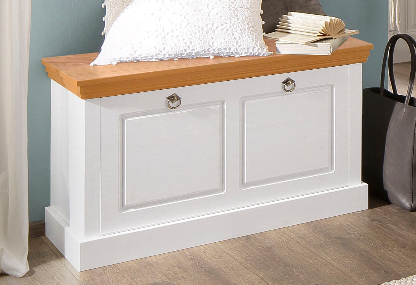 Image of GOODproduct Schuhbank "Basilico, Sitzbank für den Flur" Breite 90 cm, Sitzhöhe 52 cm, Kassettenoptik, aus Massivholz, FSC