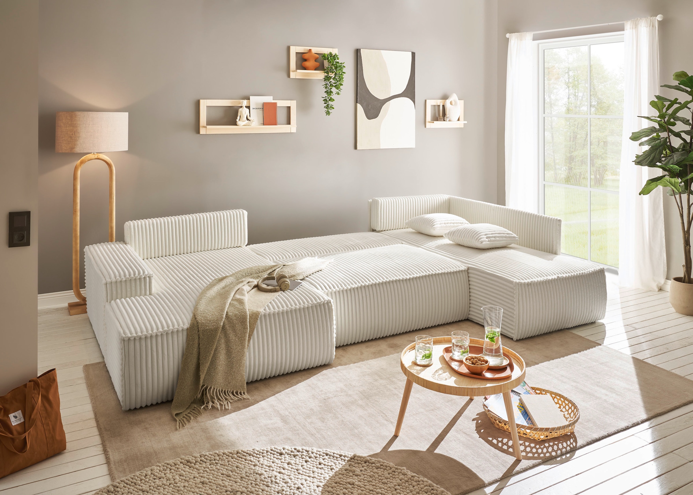 andas Wohnlandschaft »FINNLEY U-Form XXL 329 cm, Schlafsofa, Schlaffunktion m. Bettkasten«, (194/139 cm), Bouclé, Struktur und Cord