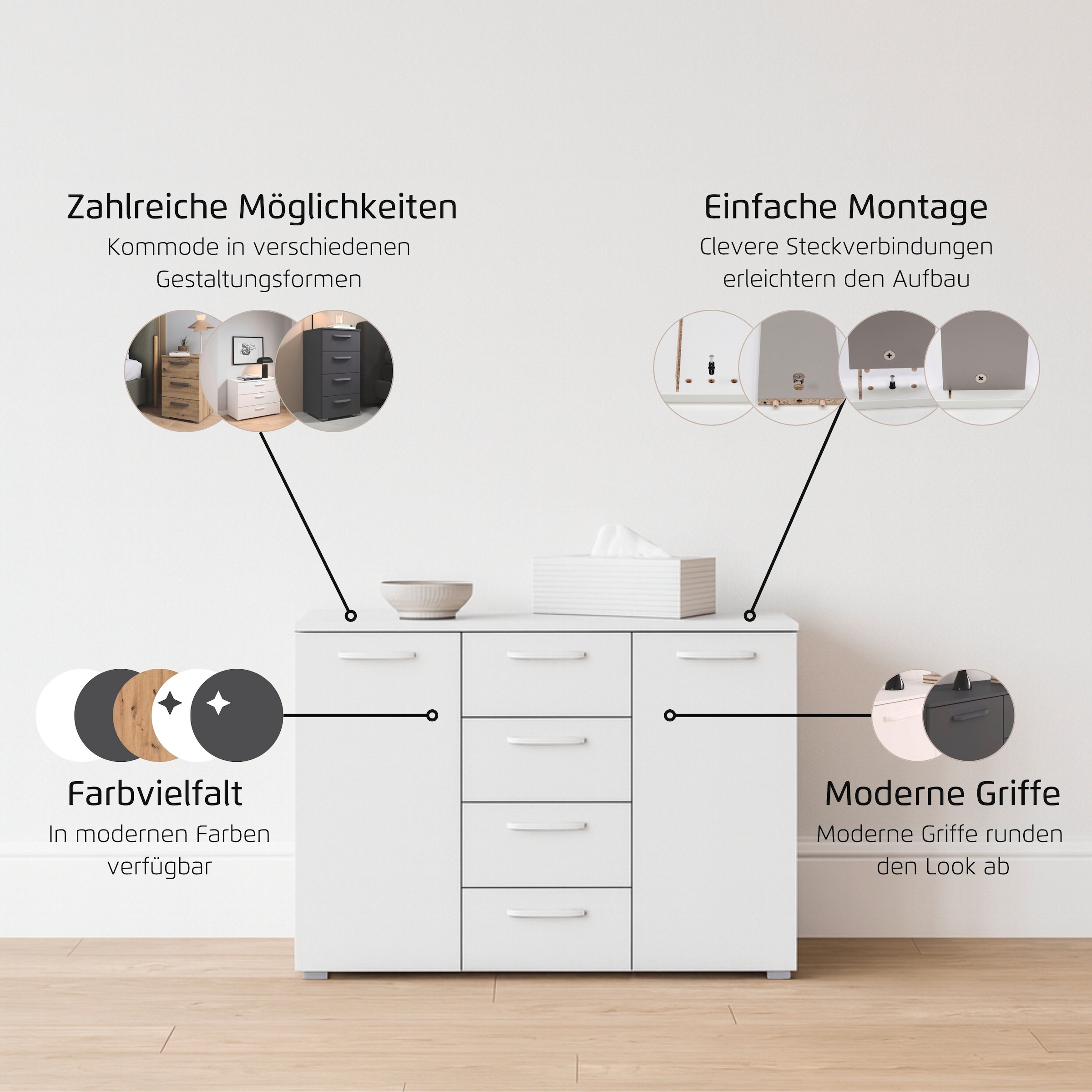 GOODproduct Commode combinée »Kommode Sideboard Schubladenkommode Schlafzimmerkommode OTELI« Largeur 120 cm avec fonction SOFT-CLOSE, façade décorative moderne,  quatre grands tiroirs et 2 portes, avec 4 étagères MADE IN GERMANY