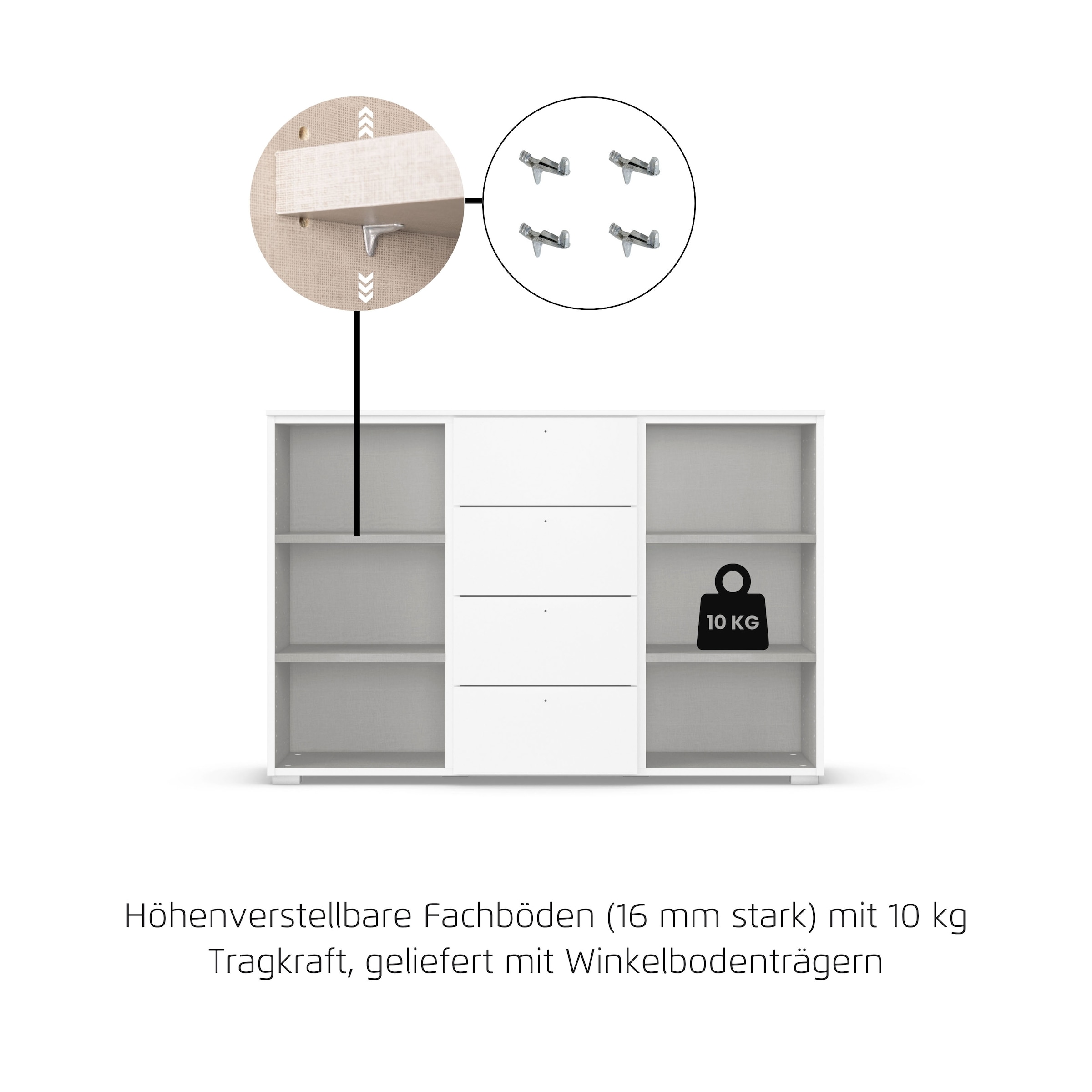 GOODproduct Kombikommode »Sideboard Kombikommode Schubladenkommode AGORDO mit Glasfront« in zwei Griff-Farben, Breite 120 cm,  vier grosse Schubladen, mit insgesamt 4 Einlegeböden MADE IN GERMANY