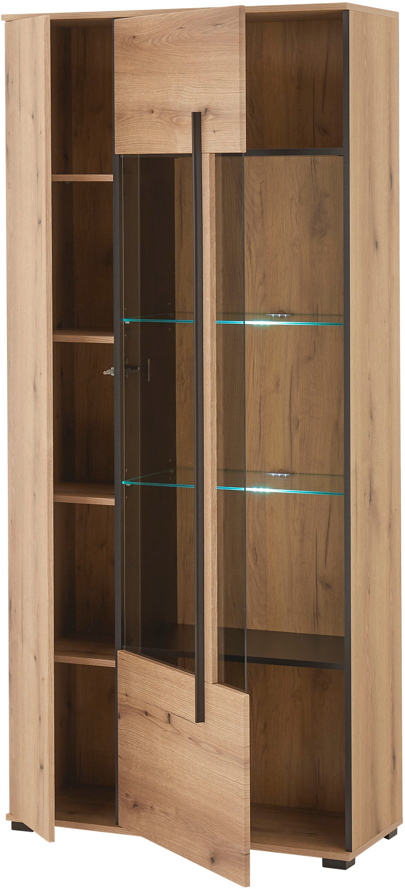 INOSIGN Vitrine »Cantara, Vitrinenschrank in Eiche Evoke oder weiss, Standvitrine«, schwarzer Stangengriff, ausreichend Stauraum, vielseitig einsetzbar