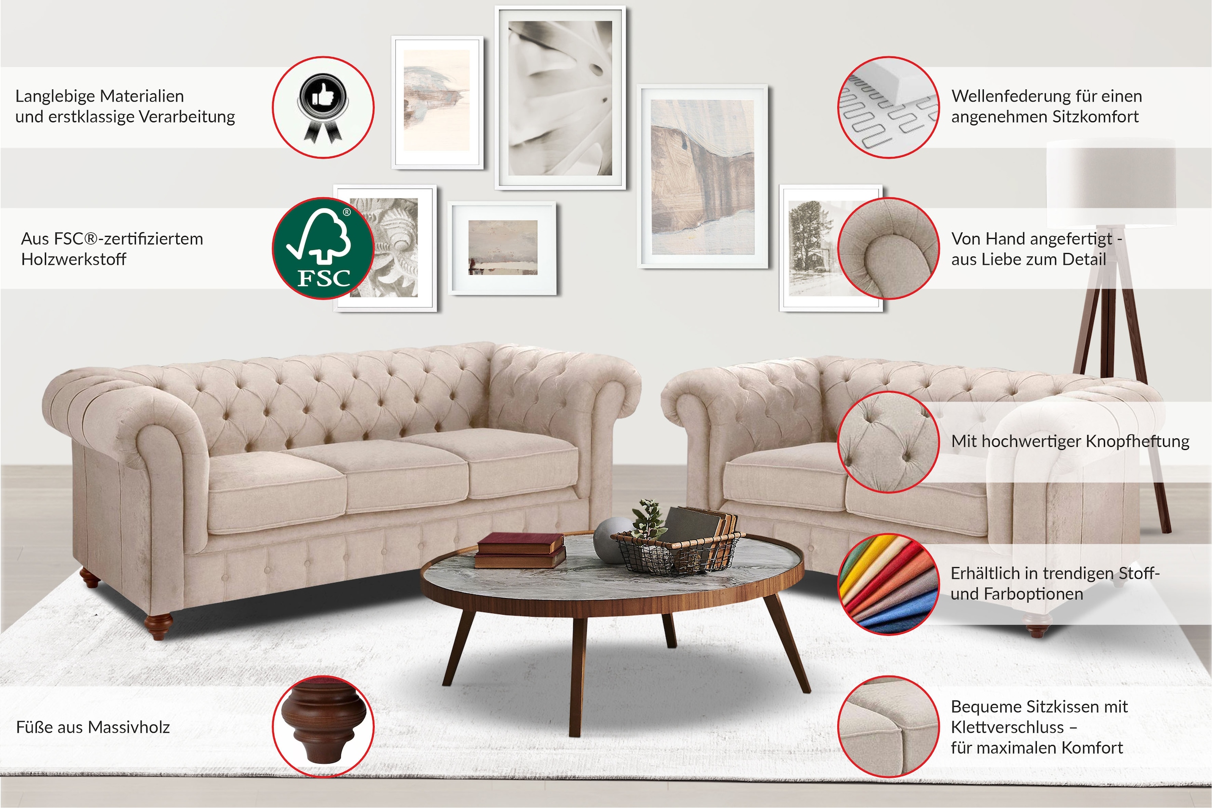 Home affaire Chesterfield-Sofa »Chesterfield 2-Sitzer  B/T/H: 150/89/74 cm« mit hochwertiger Knopfheftung , auch in Leder