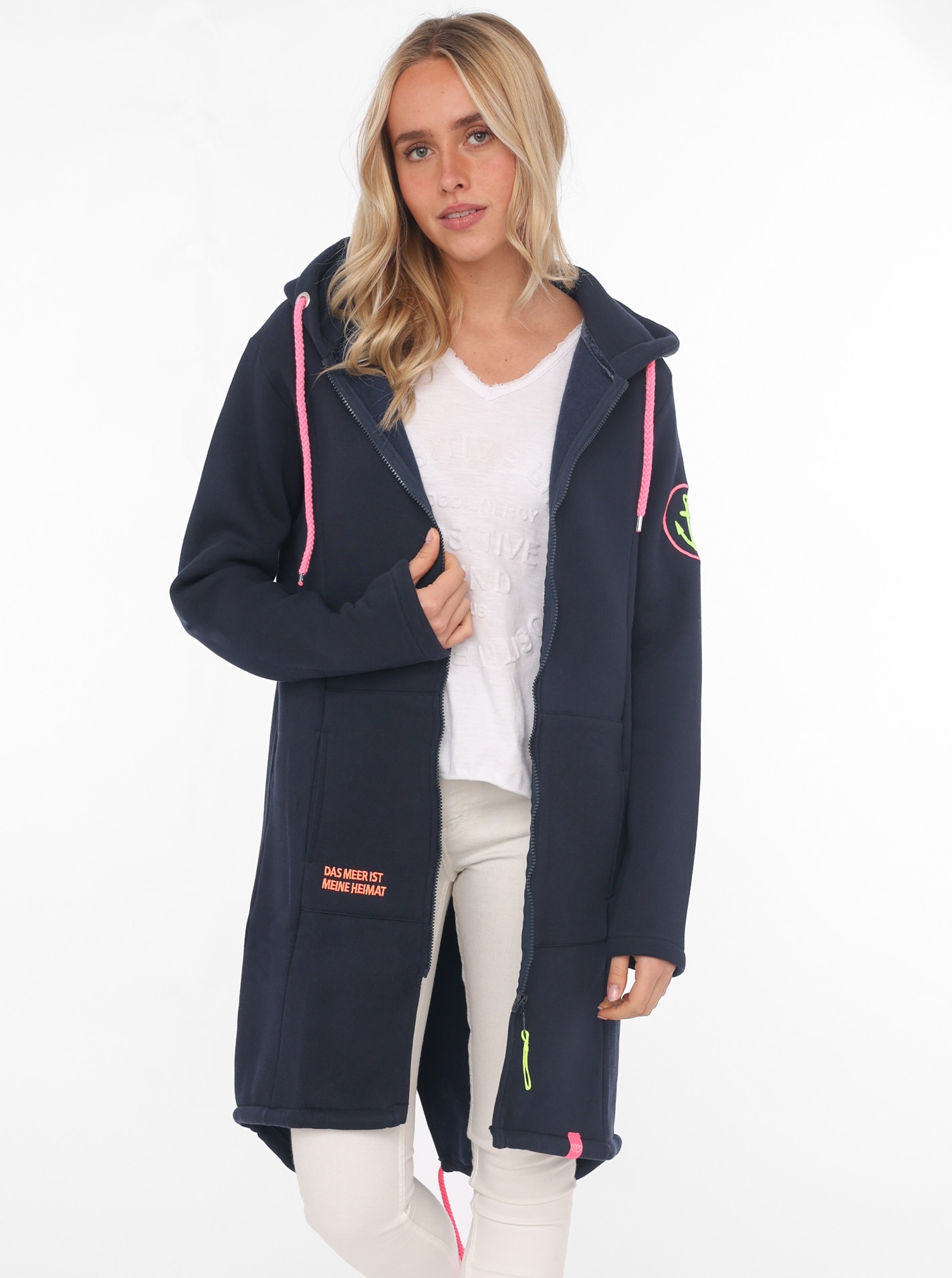 Image of Zwillingsherz Jerseymantel Kapuze, Regular Fit, Langarm, Neon-Details, Reissverschluss, Stickerei