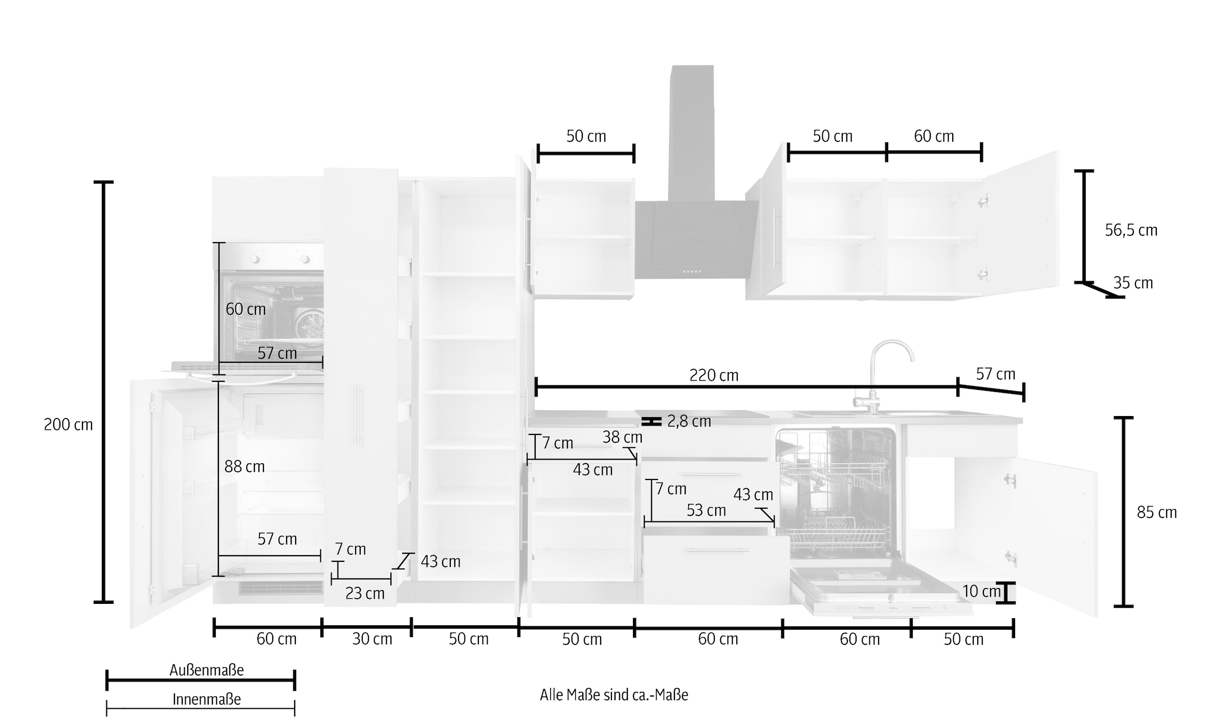 wiho Küchen Küchenzeile »Cali« ohne E-Geräte, Breite 360 cm