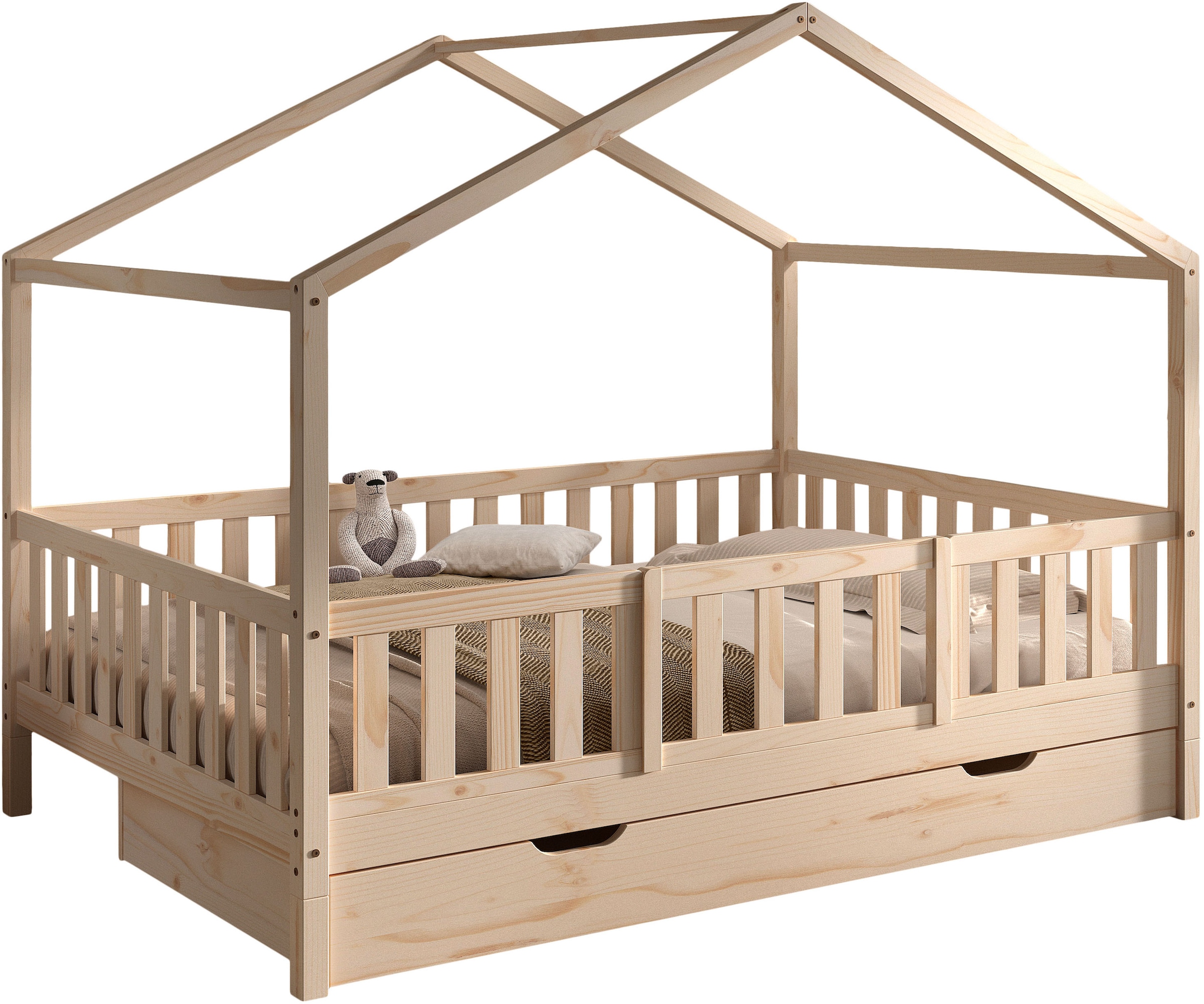 Vipack Hausbett »Dallas, Massivholzbett mit Dachaufbau umbaubar vom Boden- zum Daybett« mit Bettschublade, wahlweise Kiefer massiv natur oder weiss