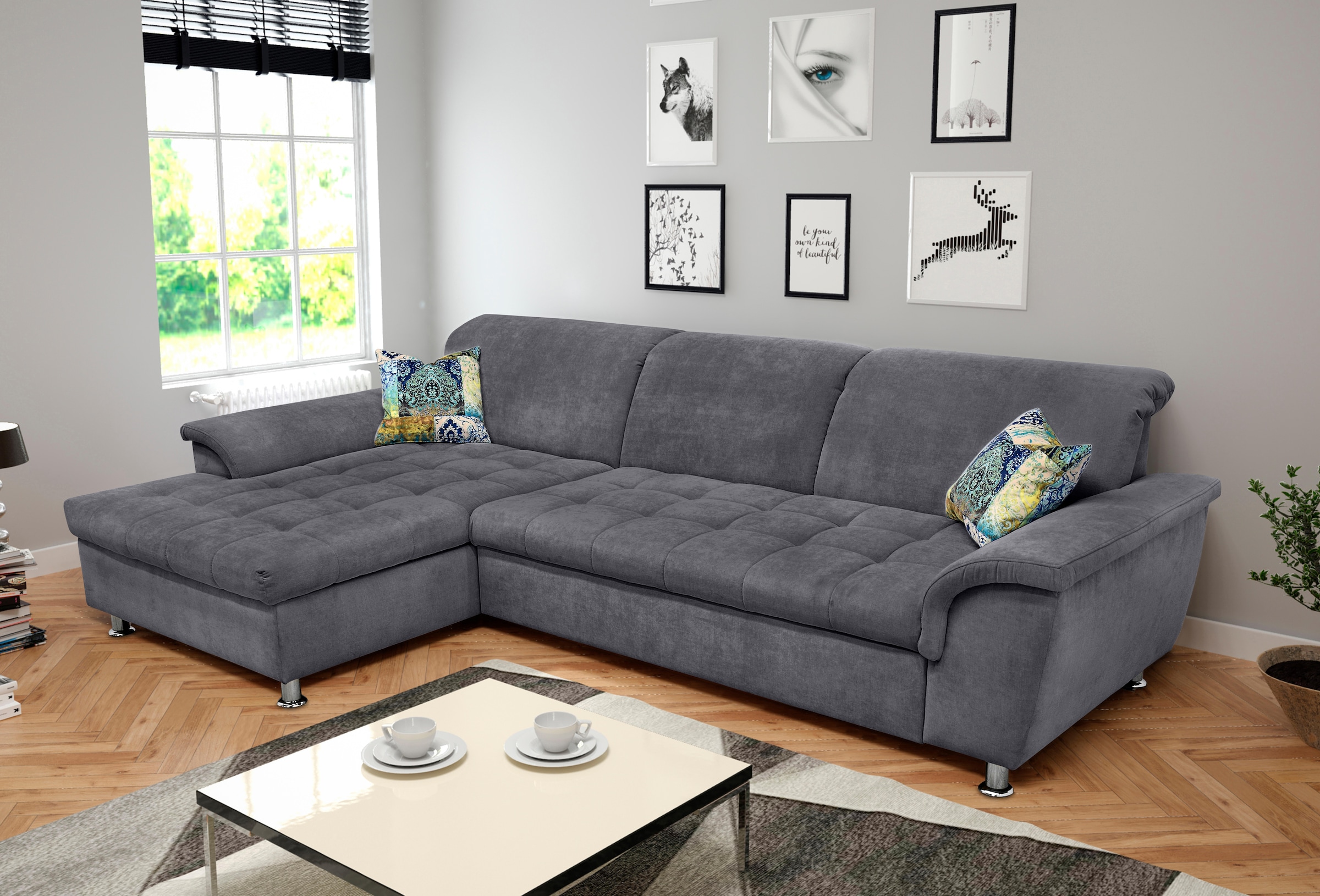 Image of DOMO collection Ecksofa "FRANZI 278x170x81 cm, Steppung im Sitzbereich, L-Form" mit Kopfteilverstellung, Chenille, dunkelgrau