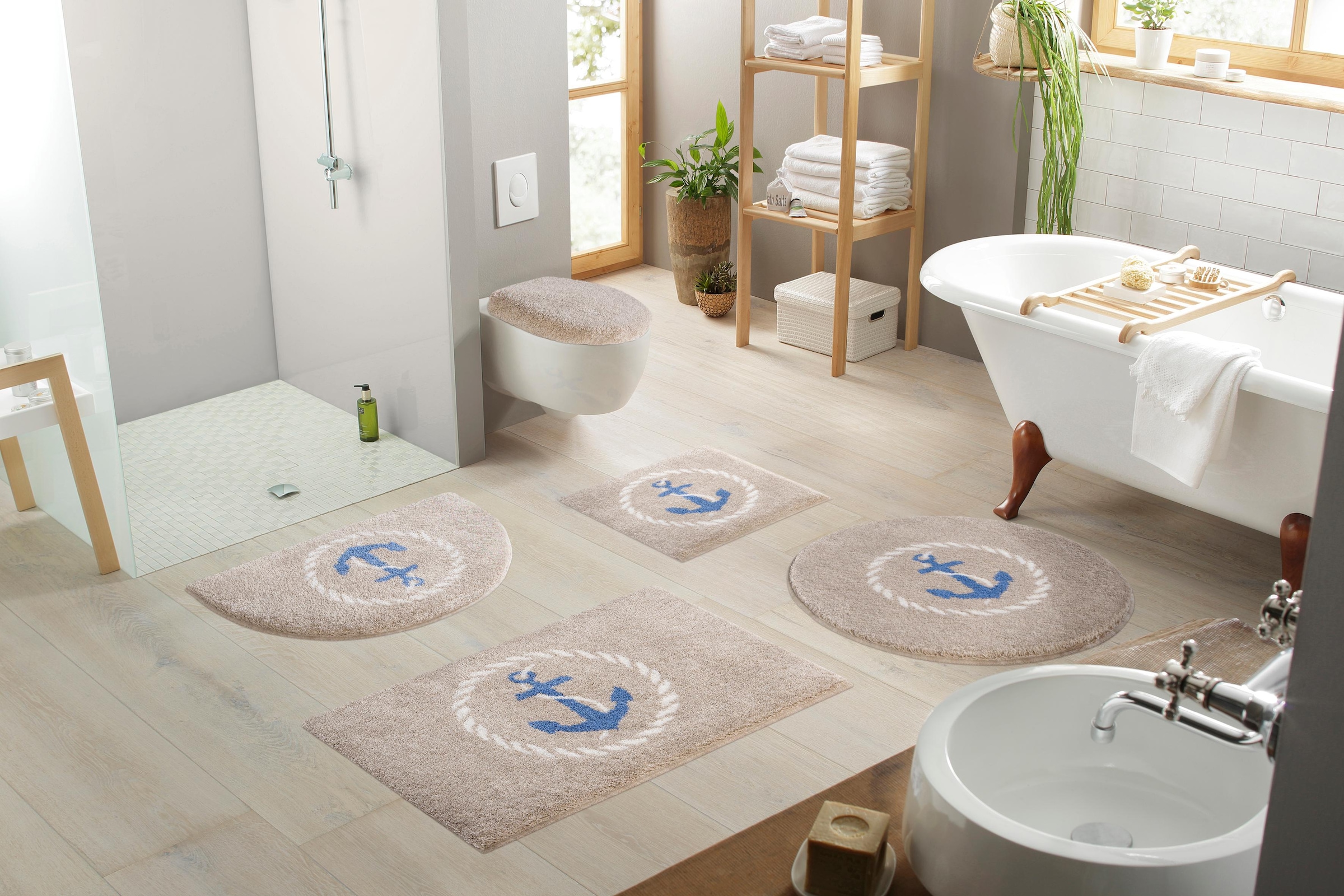 Grund Tapis de bain »Port Louis« Höhe 20 mm revêtement antidérapant compatible chauffage au sol Design avec ancre, maritime, Made in Europe