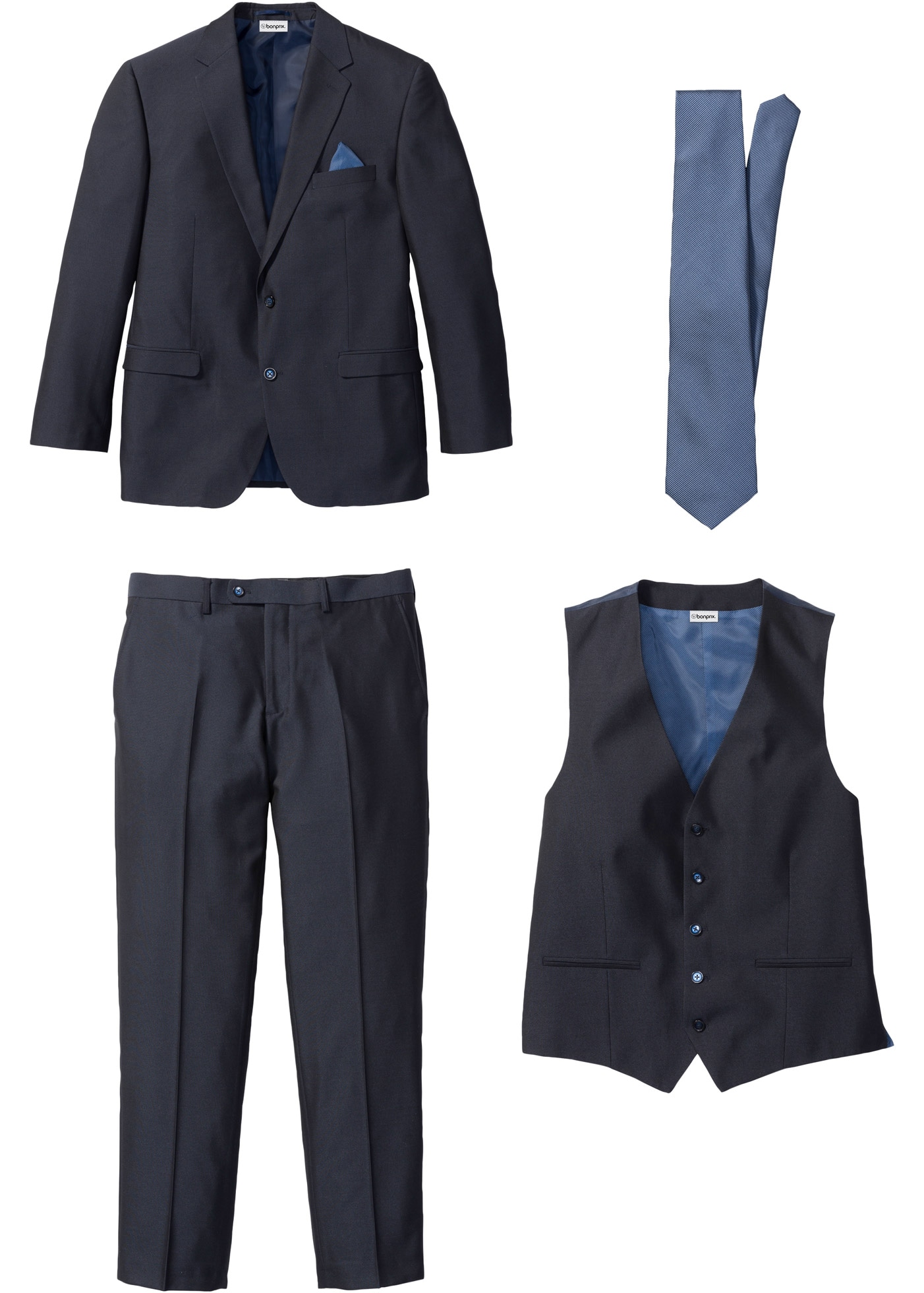 bonprix Costume Set, 4 tlg. coupe régulière bestehend aus Sakko mit Reverse, Weste, Flatfront-Hose und Krawatte
