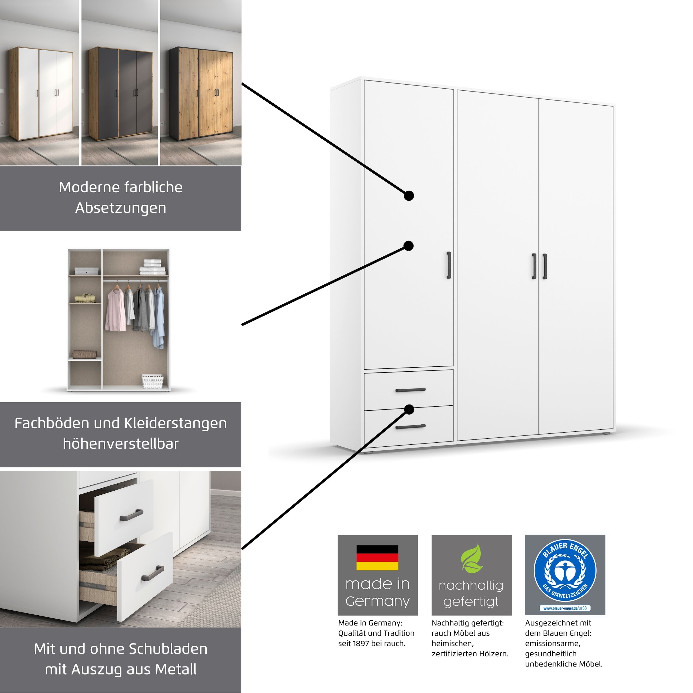 rauch Drehtürenschrank »Kleiderschrank Schrank Garderobe Wäscheschrank VOYAGER« in 3 verschiedenen Ausstattungen BASIC/CLASSIC/PREMIUM,  mit 2 modernen Griffvarianten, mit Aussenschubladen MADE IN GERMANY
