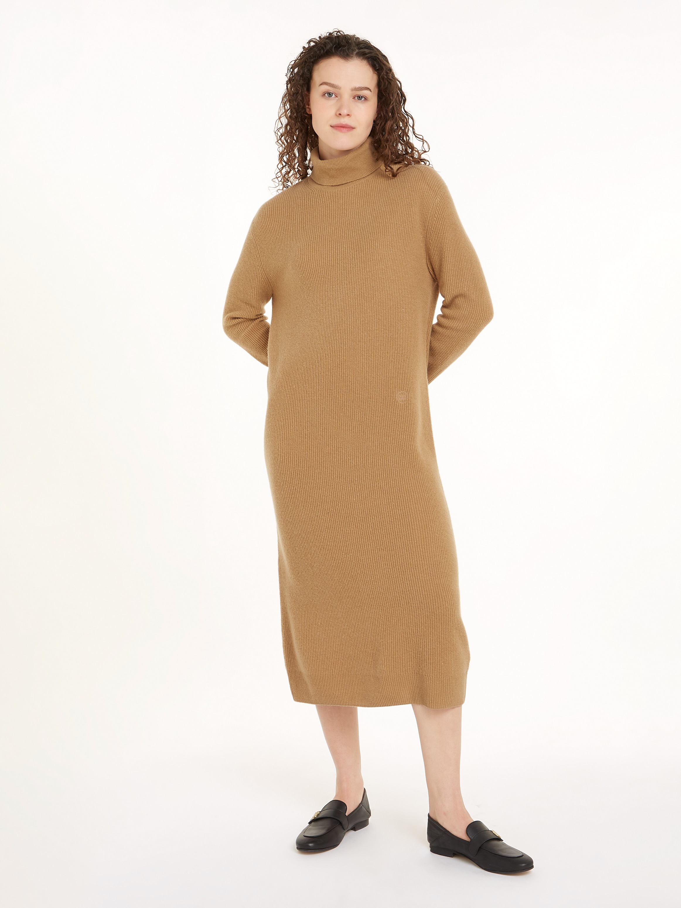 Image of Tommy Hilfiger Strickkleid "WOOL CASHMERE ROLL-NK LONG DRESS" mit Logostickerei, in Rippoptik