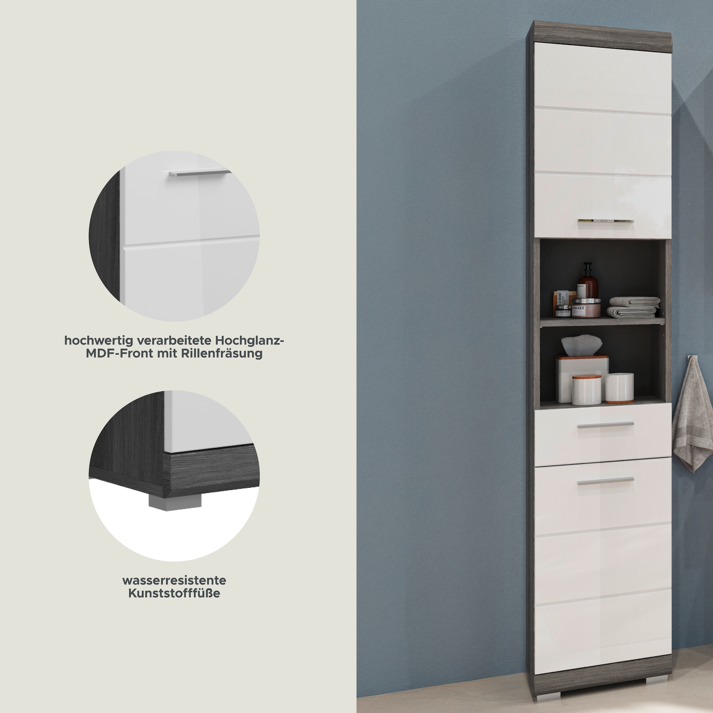 welltime Armoire haute »SIENA, Breite 37cm, 2 Tür, 1 Schubkasten, 2 offene Fächer, MDF-Front« TOPSELLER!, 1 cuis tlg. in verschiedenen Farben erhältlich, Badmöbel, Badschrank, Schrank, Bad