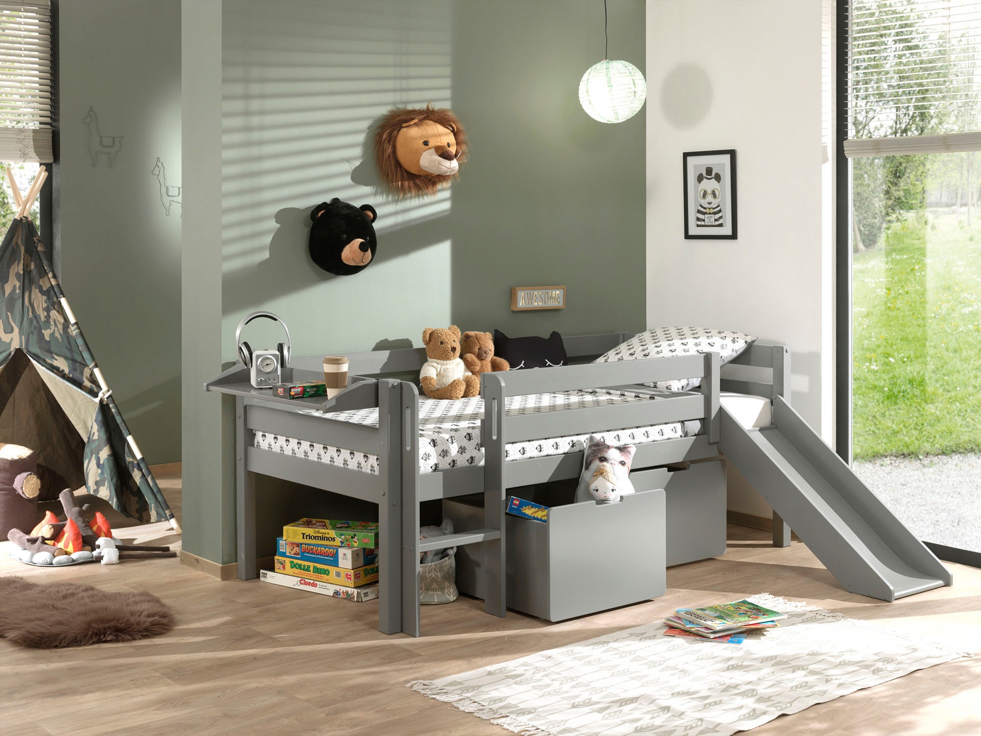 lit mi-hauteur gris + toboggan, 2 tiroirs de rangement et tablette penderie