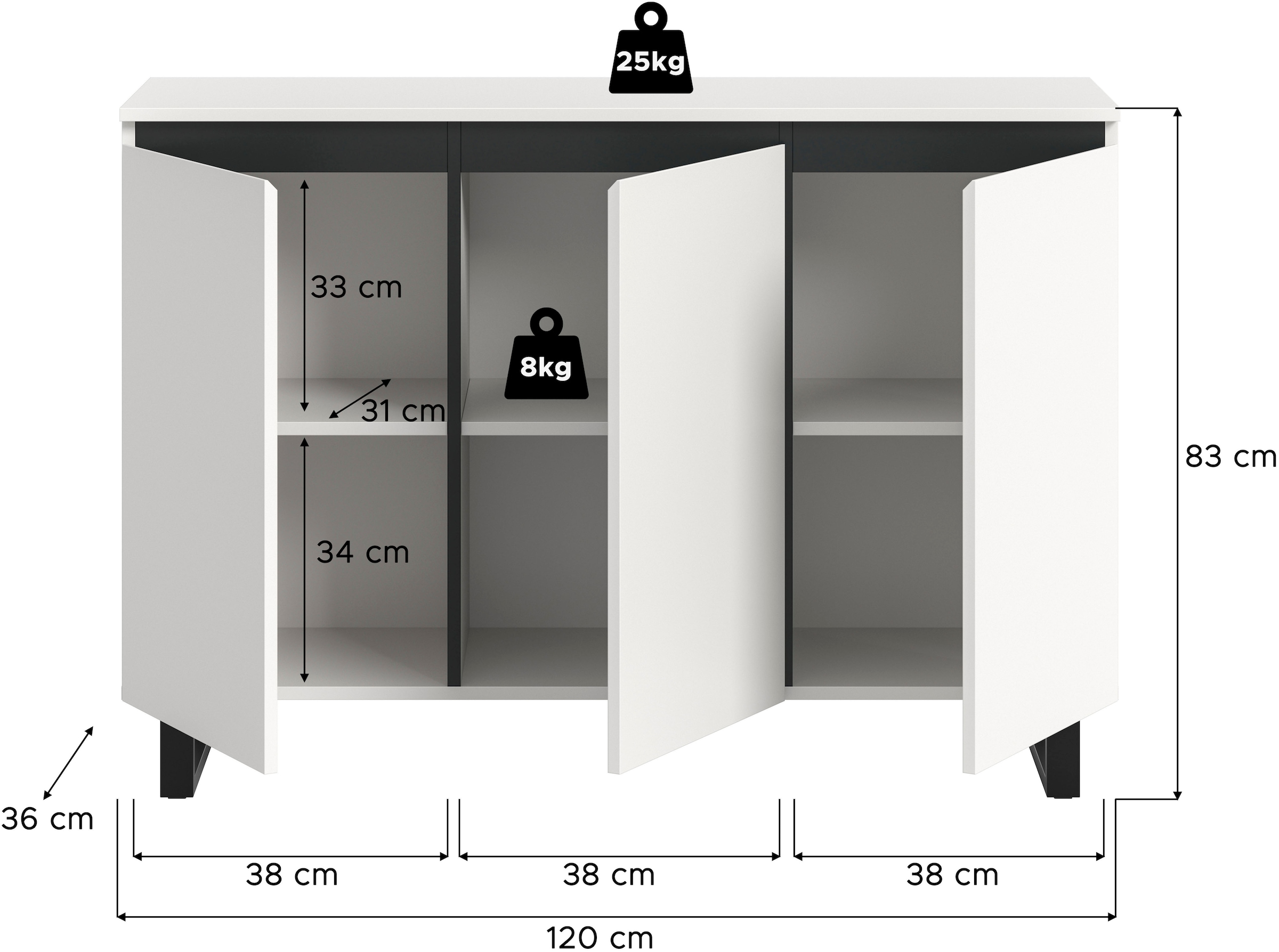 INOSIGN Sideboard »TOMA, Breite: 120 cm, mit Metall-Kufen-Fuss, 3 Türen, 3 Einlegeböden« Anrichte, Kommode, Schrank, Board, Higboard