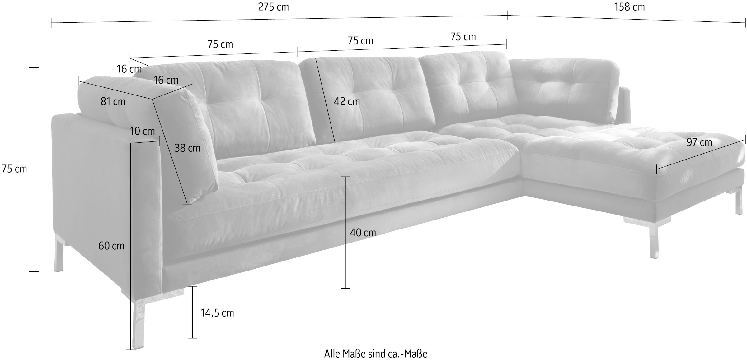 Trends by HG Ecksofa »Landau L-Form«, in Cord-Stoff mit Metallfuss