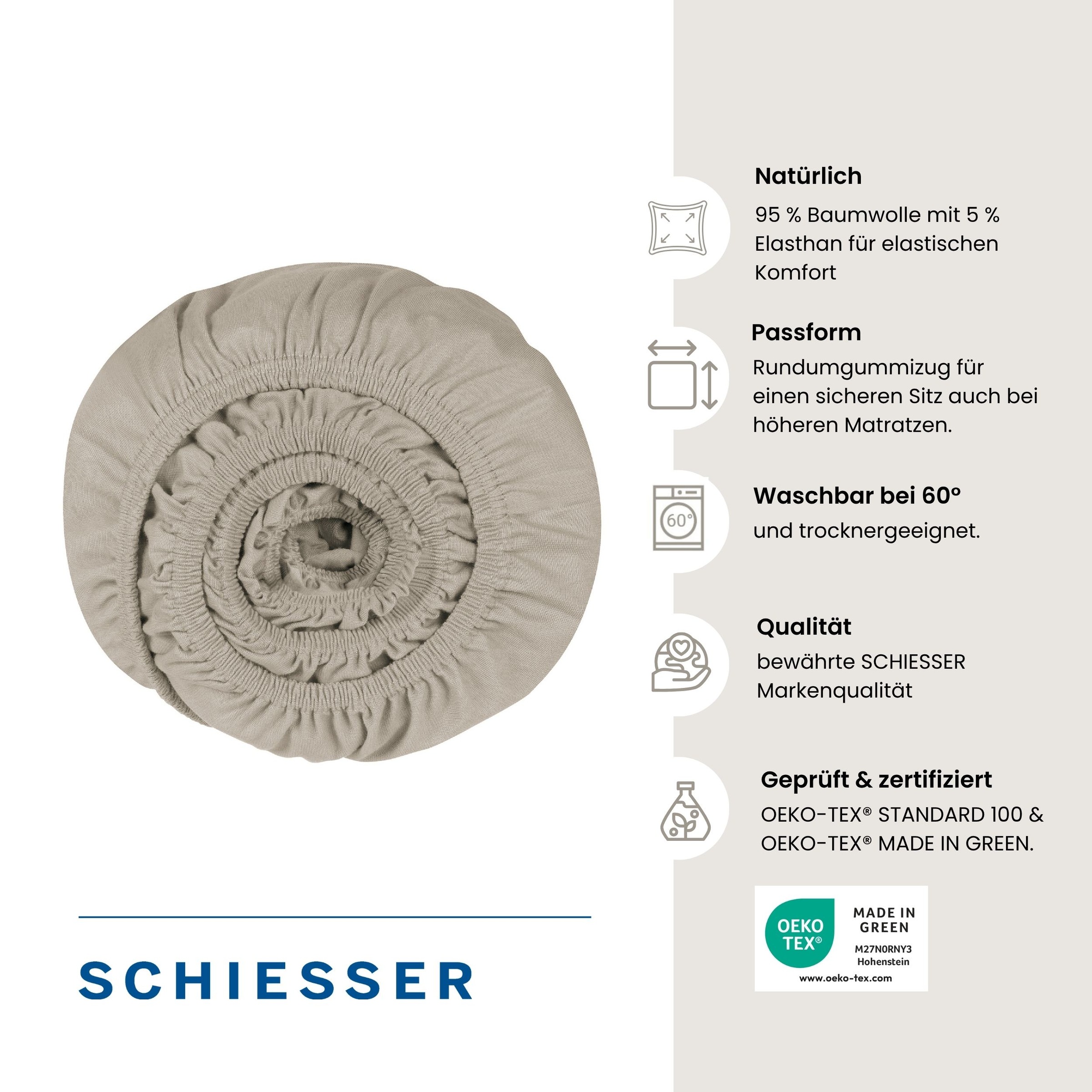 Schiesser Spannbettlaken Beige - SCHIESSER Home, Größe 180*200, 95 % Baumwolle, 5 % Elasthan