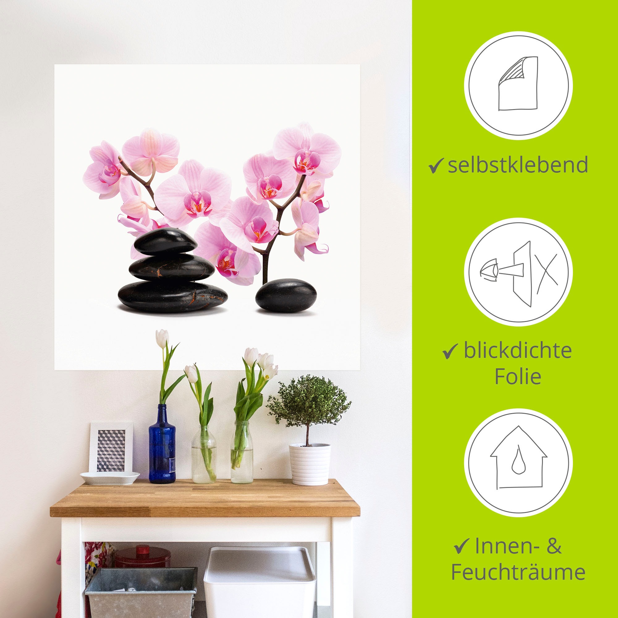 Artland Wandbild »Schwarze Steine und pink Orchidee«, Zen, (1 St.), als Leinwandbild, Poster, Wandaufkleber in verschied. Grössen