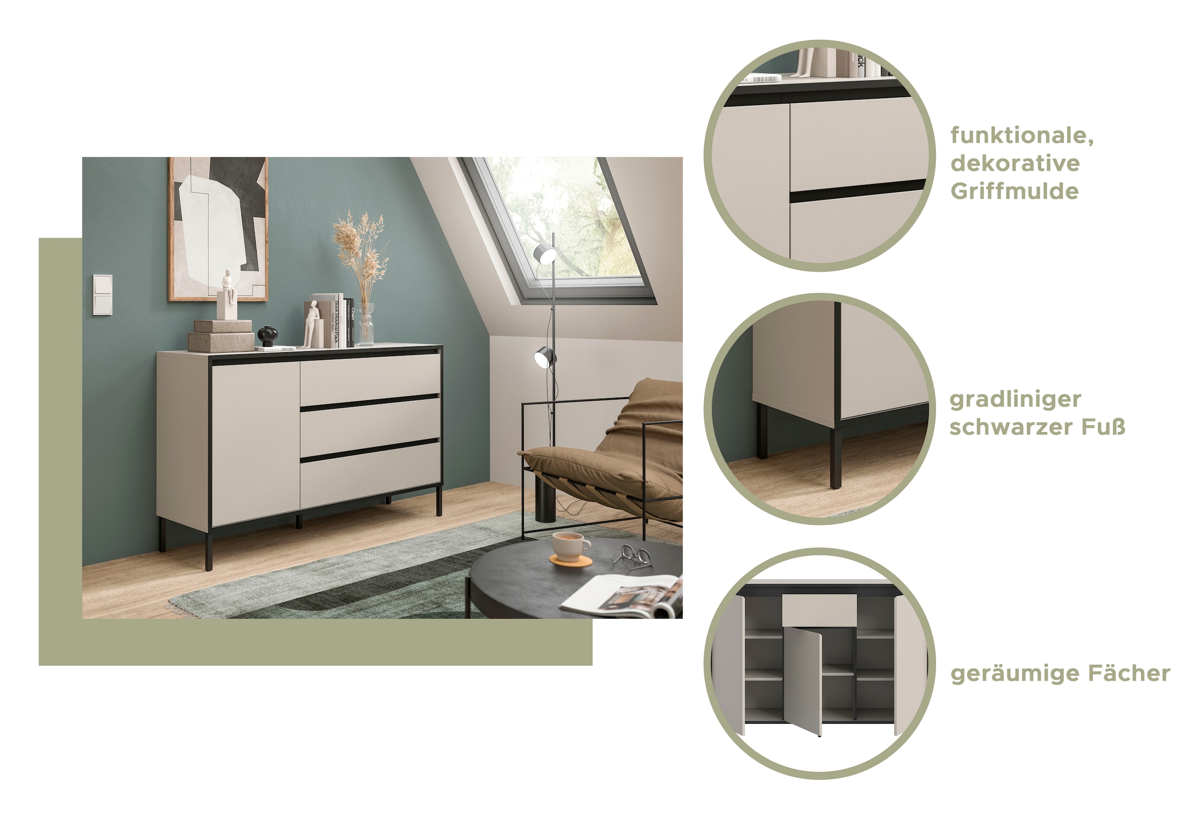 Home affaire Lowboard »NORT, Breite: 150cm, mit Metall Stabfuss, 1 Klappe, 2 Schubkästen« TV-Lowboard, Mediaschrank, Mediaboard, TV-Schrank, Schrank, Board
