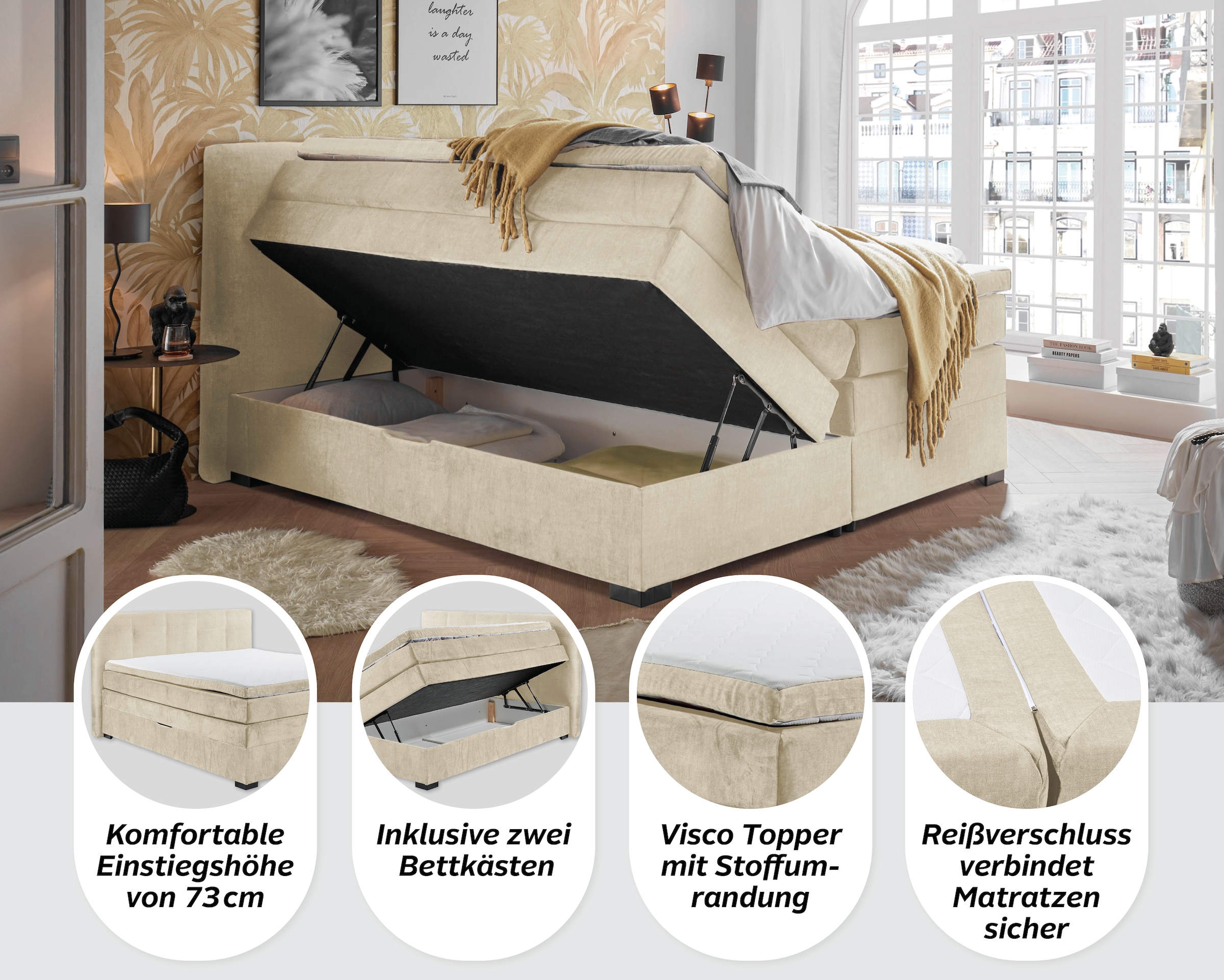 ED EXCITING DESIGN Lit boxspring »Fanes mit Komforteinstiegshöhe von 73cm« erhältlich in 180x200cm, inkl. Bettkasten und 7cm Visco-Topper