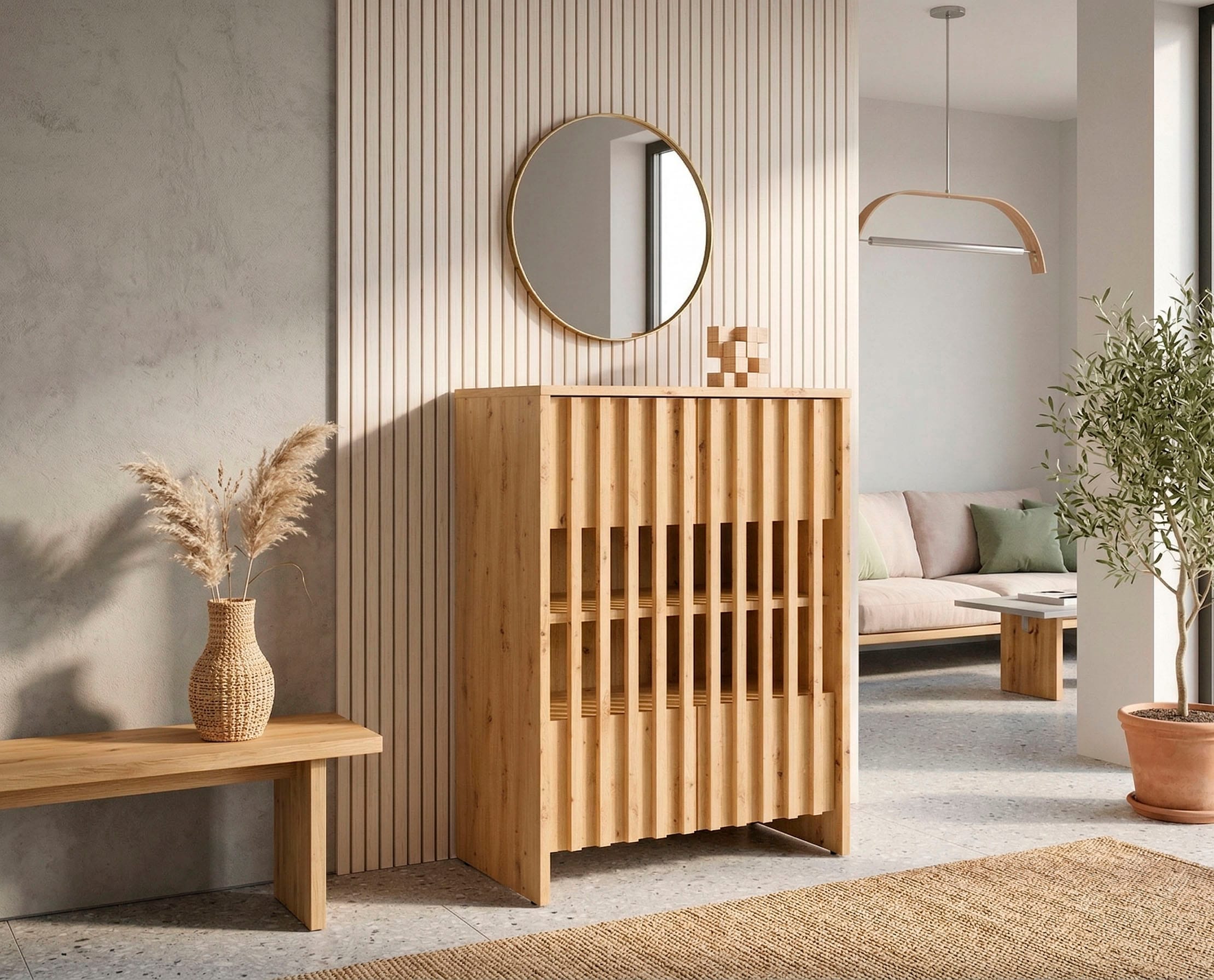 Home affaire Mehrzweckschrank »MURET, multifunktionale Kommode, 4 Fächer und 2 Türen, Lamellenfronten« Masse B/T/H: 60/35,4/87 cm,  Kommode mit viel Stauraum, Masse B/T/H: 60/35,4/87 cm