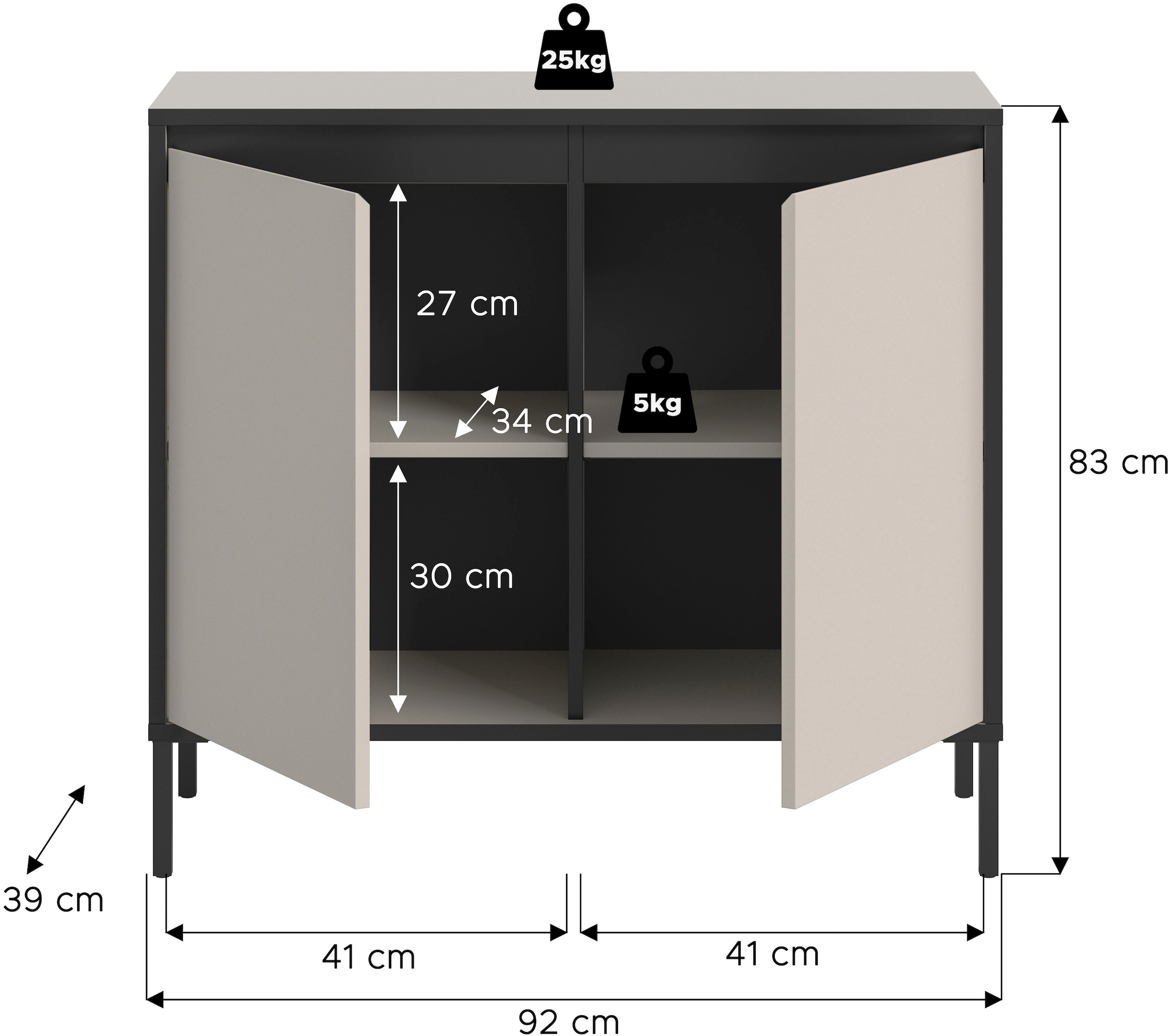 Home affaire Kommode »NORT, Höhe: 92 cm, mit Metall Stabfuss, 2 Türen, 2 Einlegeböden« Anrichte, Sideboard, Schrank, Board, Highboard