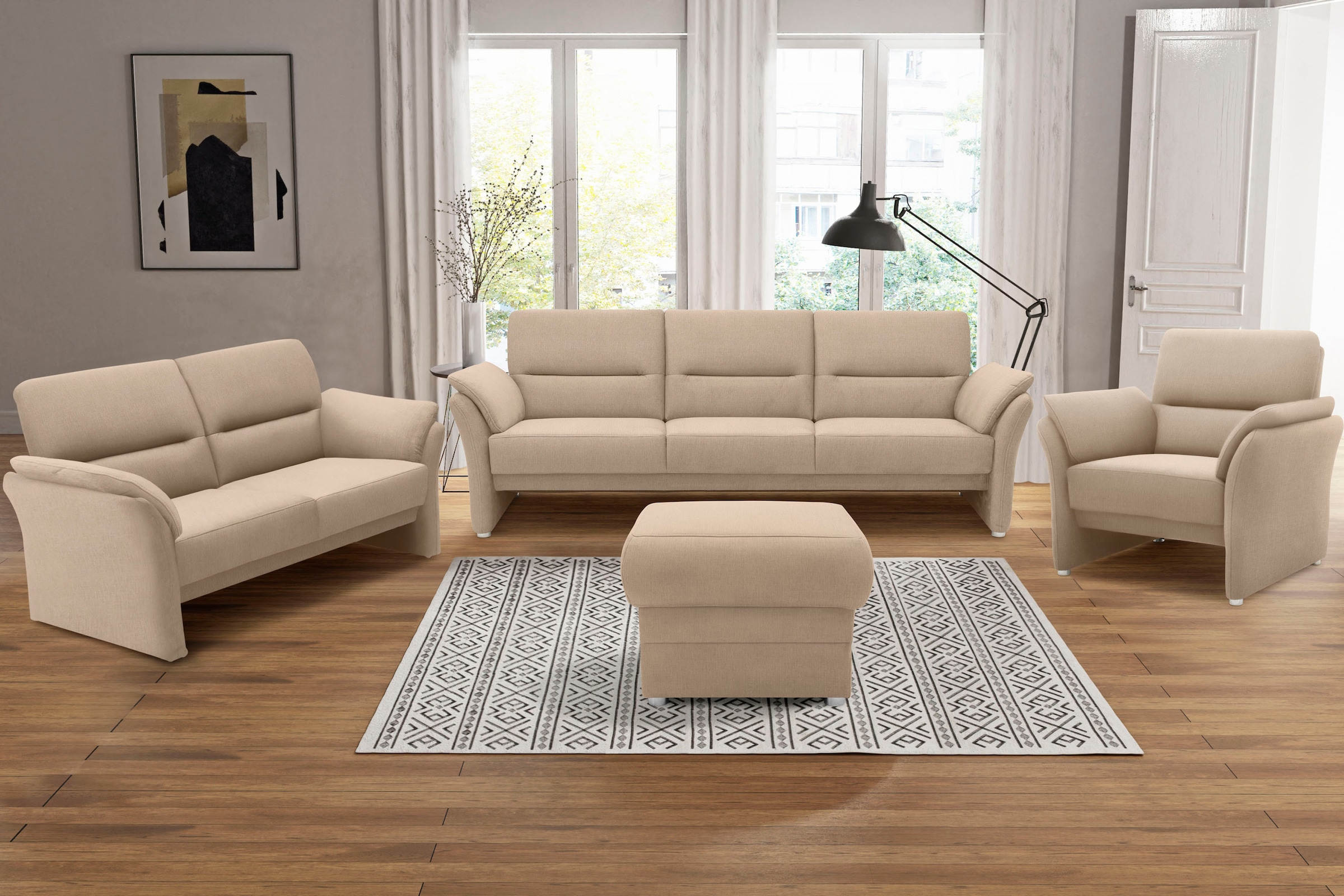 Image of DOMO collection 2-Sitzer "Pina, schmale Armlehnen, mit Federkern, kompakt & elegant" Hoher Sitzkomfort, Luxus-Microfaser weich, sand, Breite 159 cm