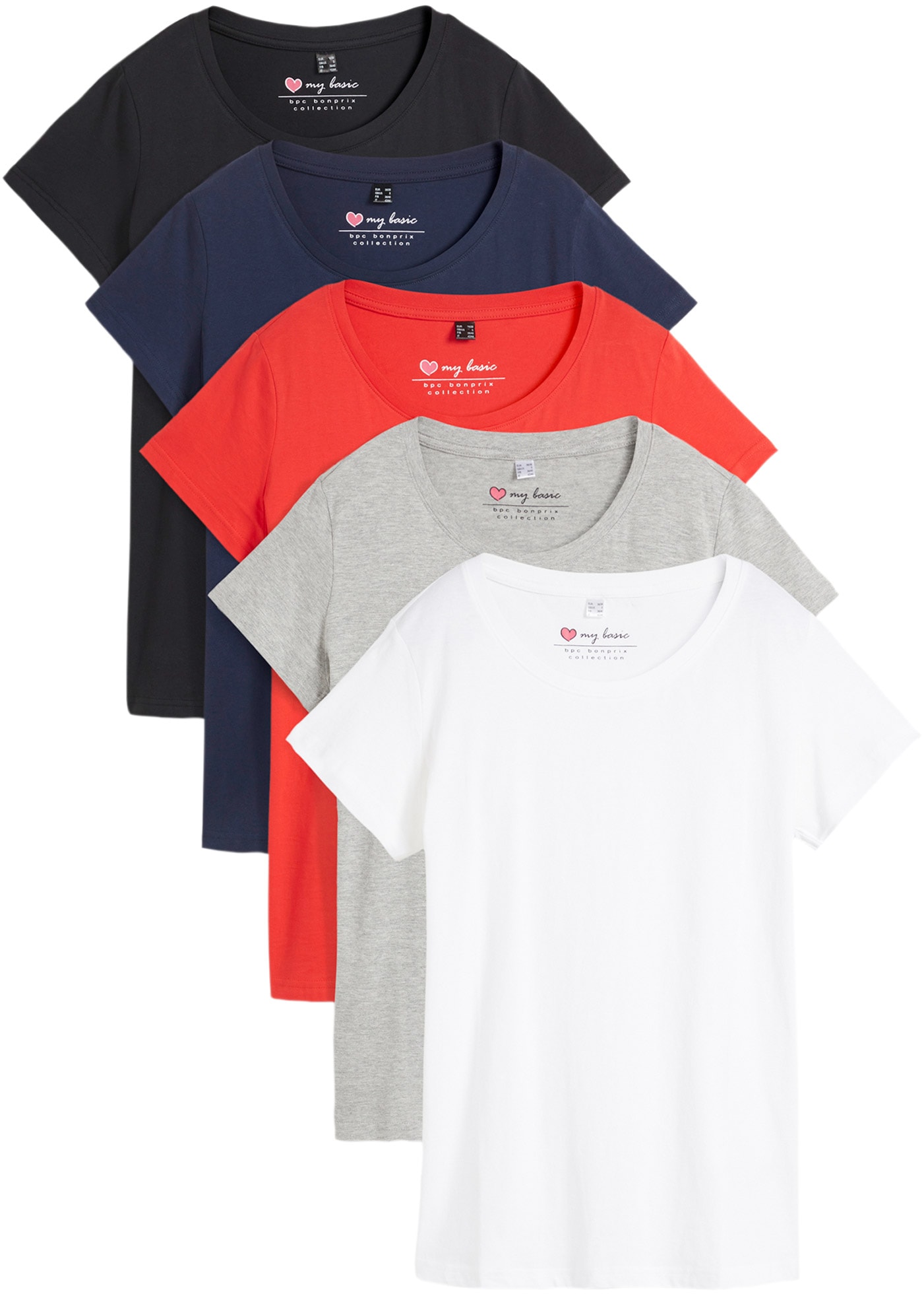 Image of bonprix T-Shirt "Rundhals-Shirt, Kurzarm (5er Pack)" Packung, 5 Rundhals-Ausschnitt, mit kurzem Arm