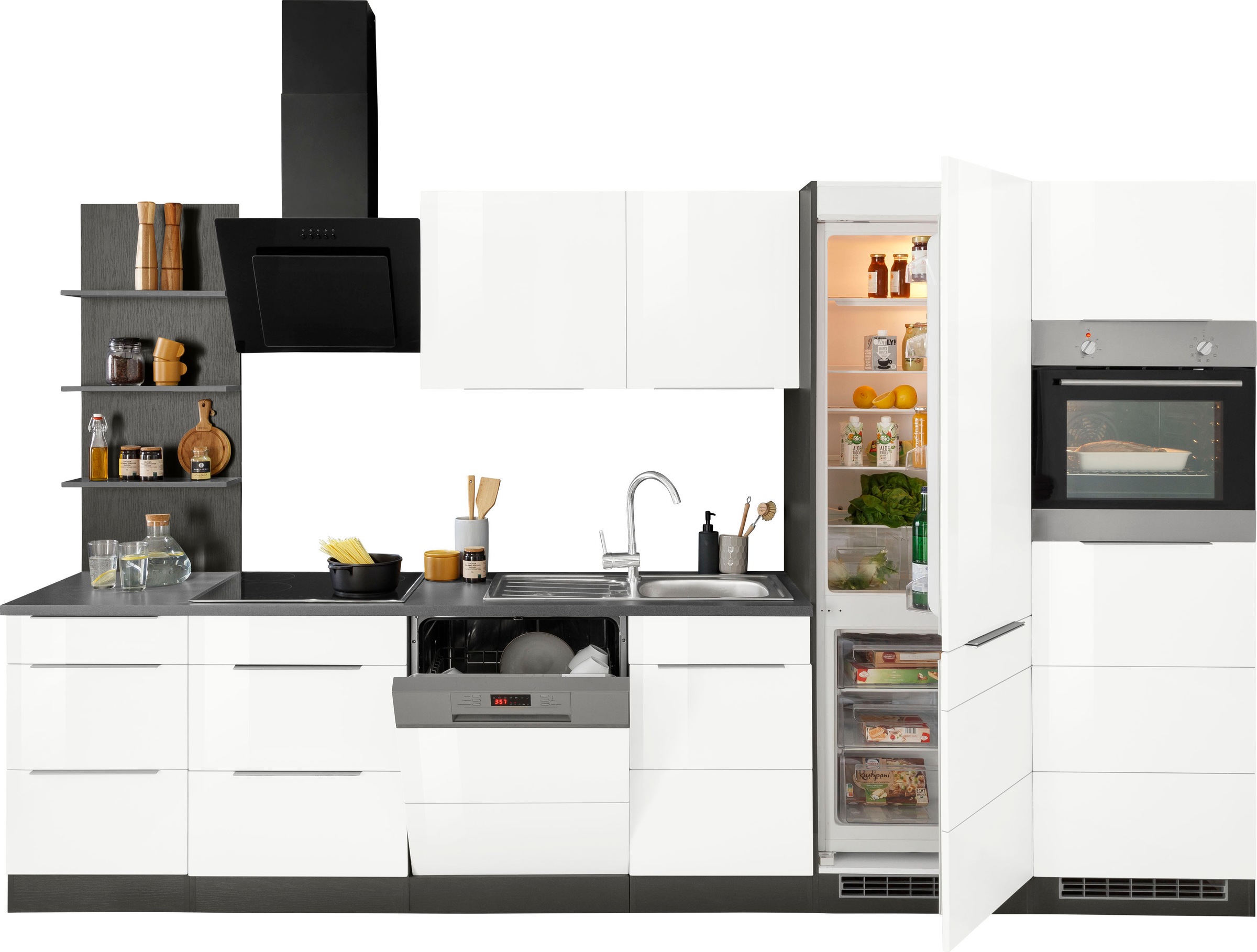 KOCHSTATION Küchenzeile "KS-Brindisi Breite 340 cm" wahlweise mit E-Geräten und Induktion, mit MDF-Fronten und Regal