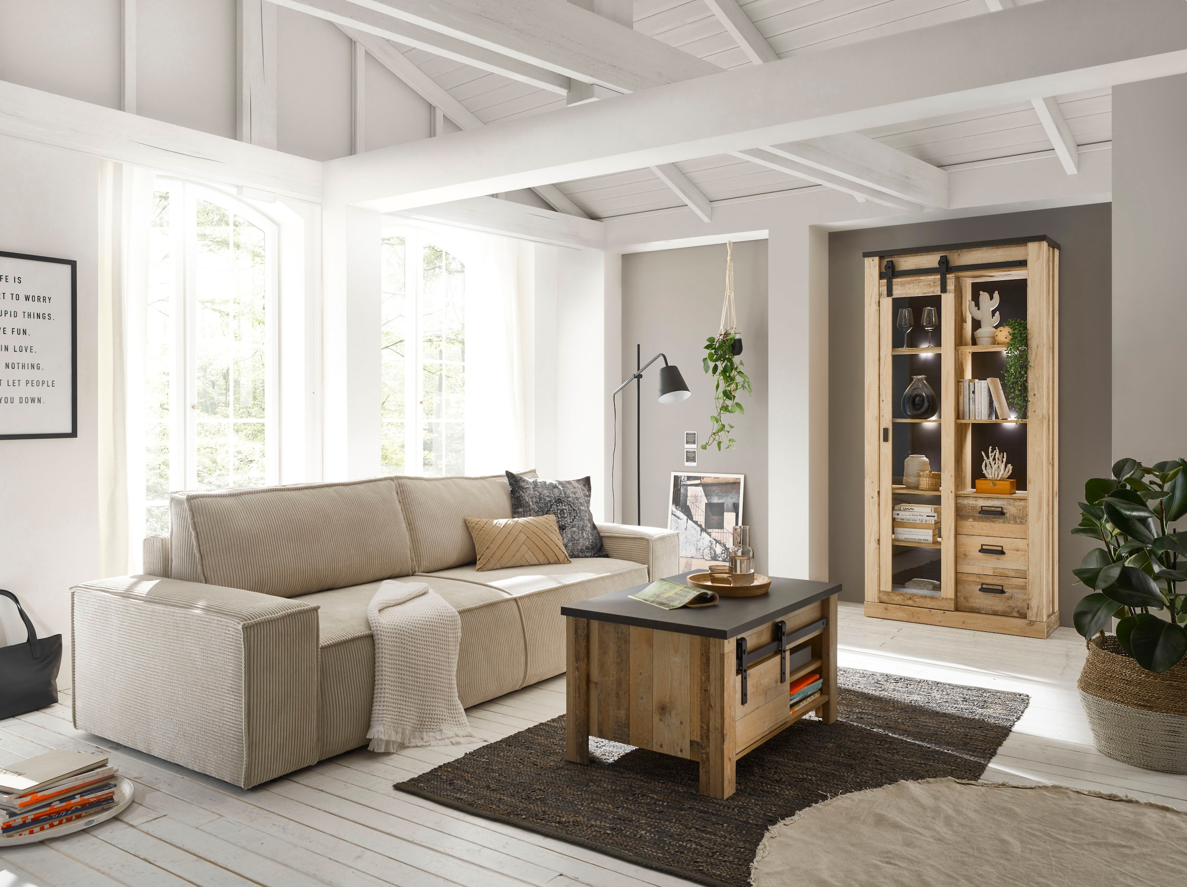 GOODproduct 3-places »SHERWOOD Schlafsofa (257cm) Cord, Samtvelours, Vintage-Lederoptik« Schlaffunktion mit Bettkasten (ca. 136/200cm)
