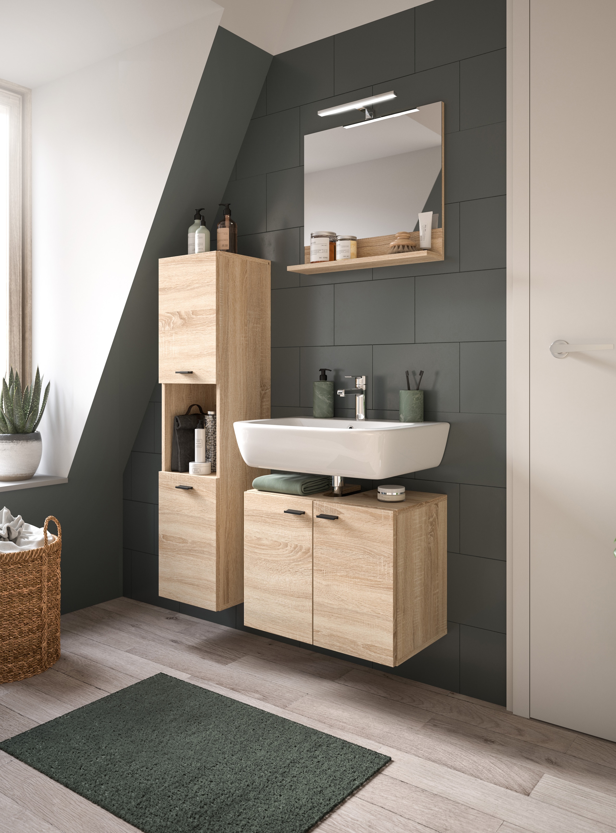 welltime Badmöbel-Set »Tampa, Breite 102cm, 3-teilig«, (3 St.), Waschbeckenunterschrank, Spiegel, Hochschrank
