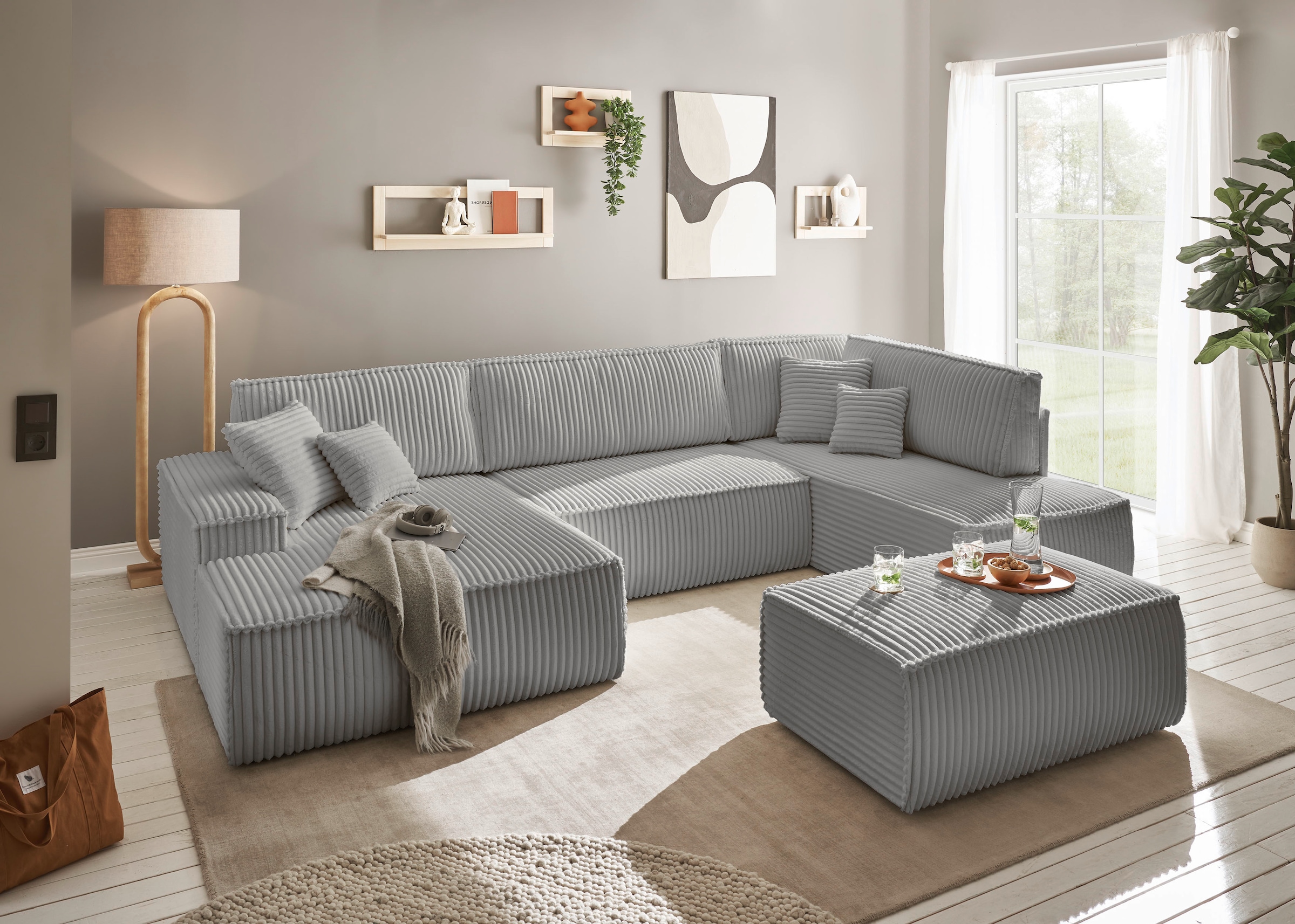 andas Wohnlandschaft »FINNLEY U-Form XXL 329 cm, Schlafsofa, Schlaffunktion m. Bettkasten«, (194/139 cm), Bouclé, Struktur und Cord