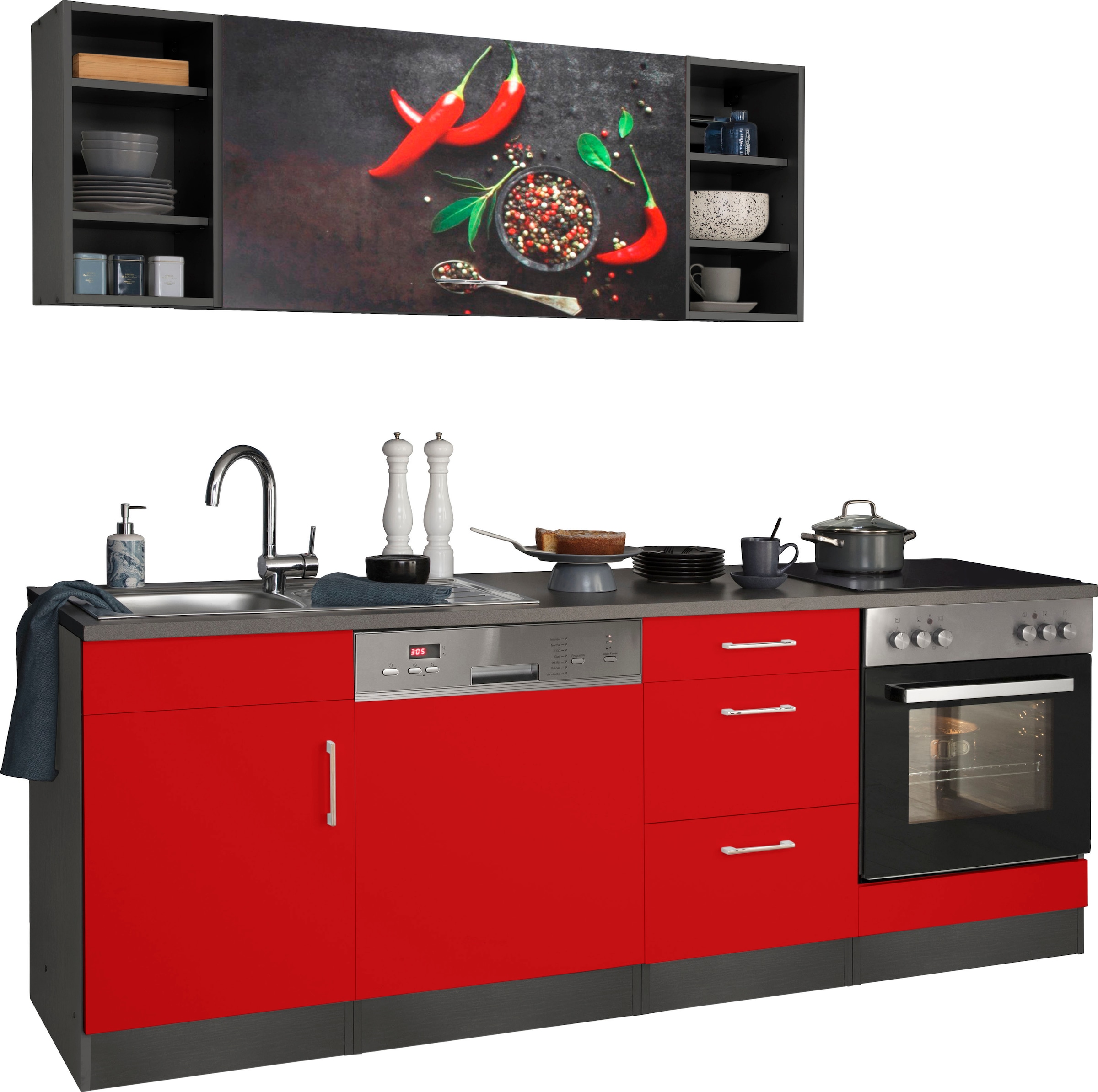 KOCHSTATION Kitchenette »KS-Paris – Küchen mit einzigartigen Fotomotiven auf den Fronten« largeur 220 cm, au choix avec appareils électriques, avec impression décorative