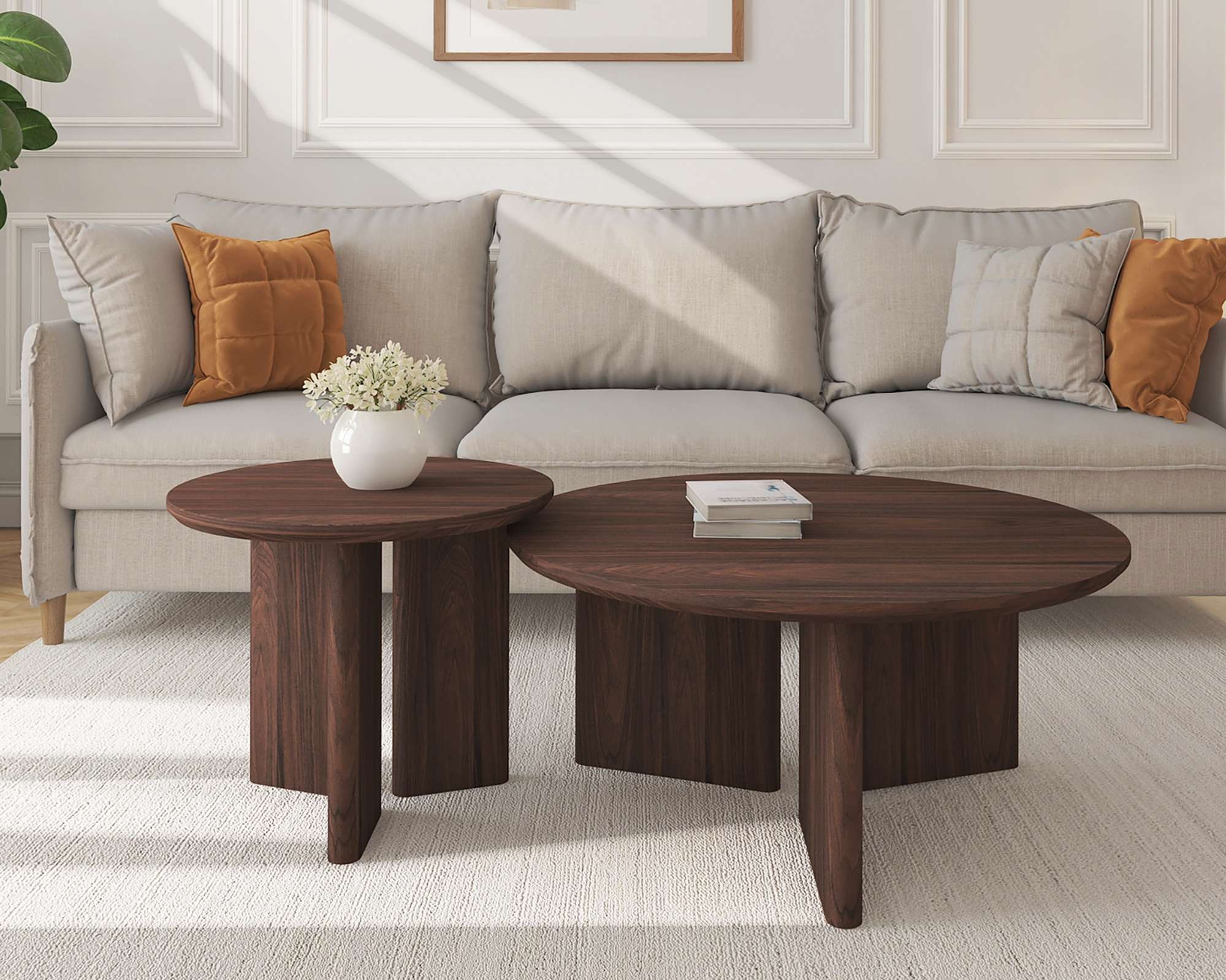 OTTO home Couchtisch "Cassian" 1 Stk. tlg. warme Walnussoptik, außergewöhnliches Kreuzgestell, Ø 80 cm
