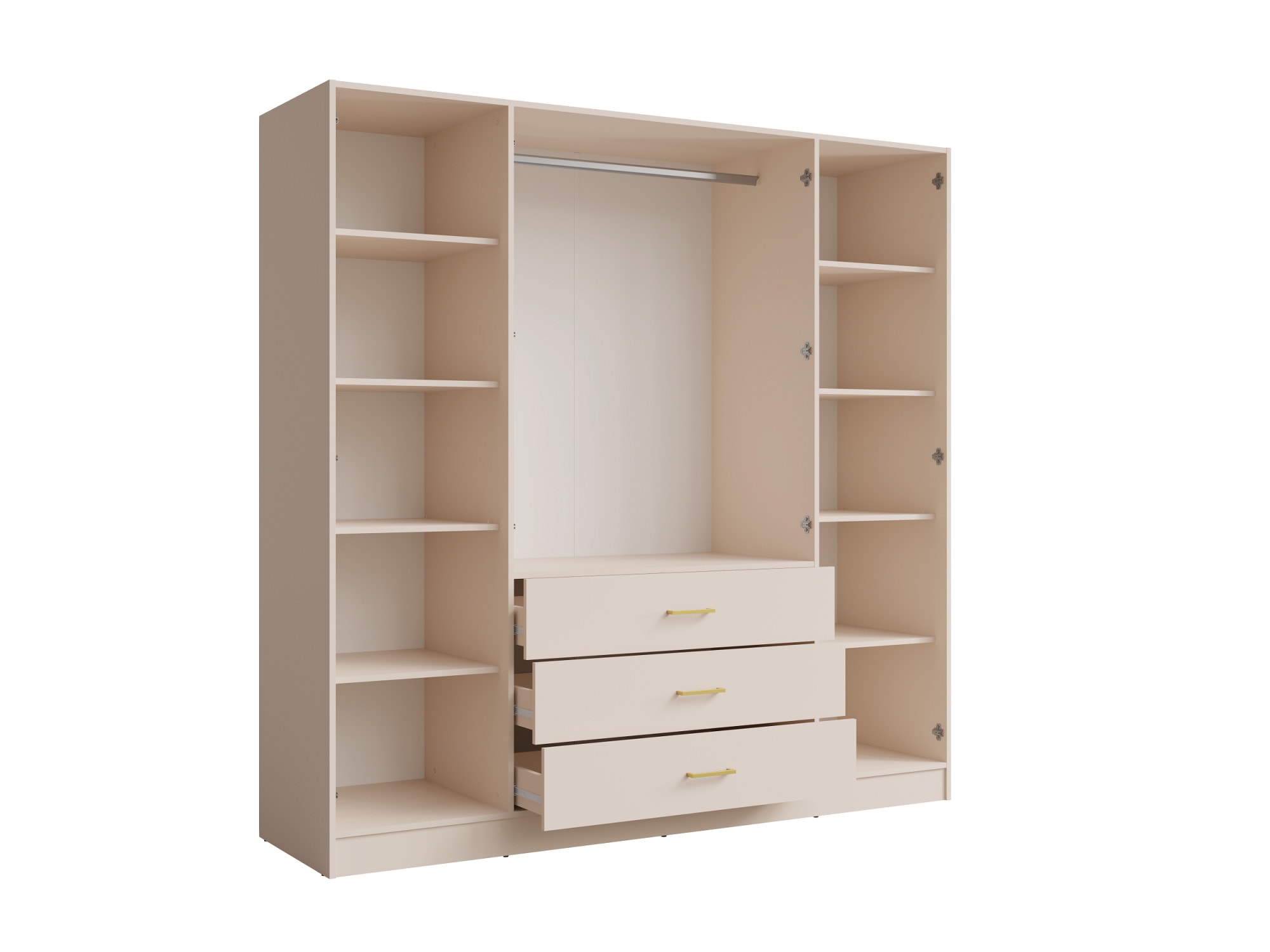 Home affaire Armoires à vêtements »KOS Garderobe mit 3 Schubladen, Kleiderstange, 8 Einlegeböden, Spiegel« Kleiderschrank mit 4 Türen, goldenen Griffen, Masse B/H/T 200/200/58 cm