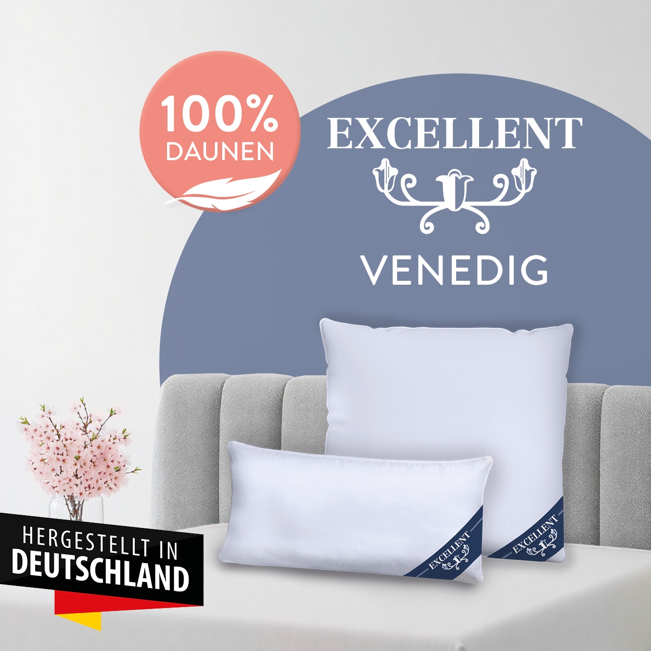 Image of Excellent 3-Kammer-Kopfkissen "Venedig, Kissenparade1 tlg. oder 2 tlg. 40x40-80x80 cm" Füllung: weisseneueDaunenKlasseI100DaunenAussenweisseneueFedernKlasseI100FedernInnen 1 Stk. tlg. hergestellt in Deutschland