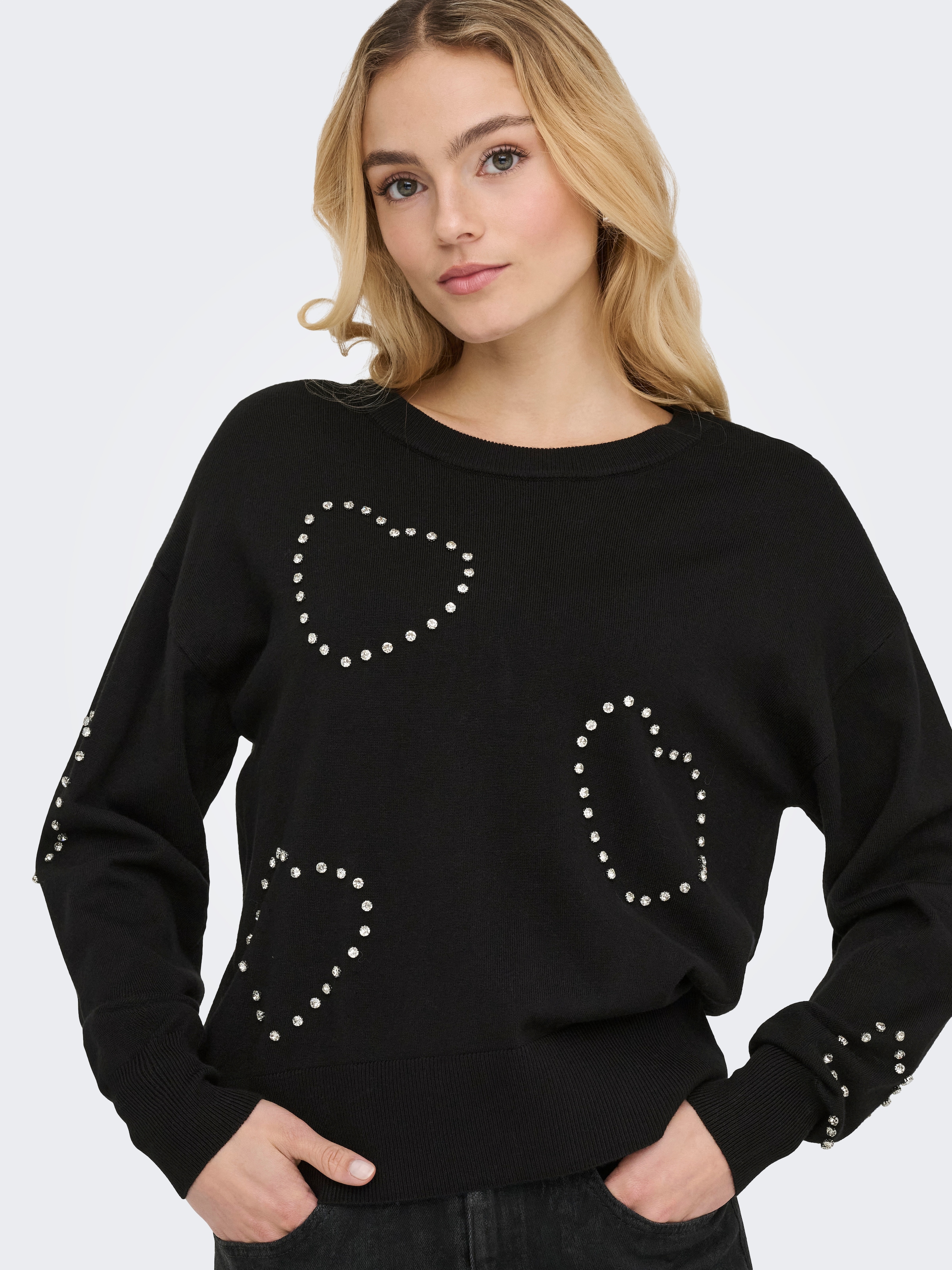 ONLY Pull à col rond »ONLBEE LS HEART BLING O-NECK CC KNT« mit Glitzersteinen