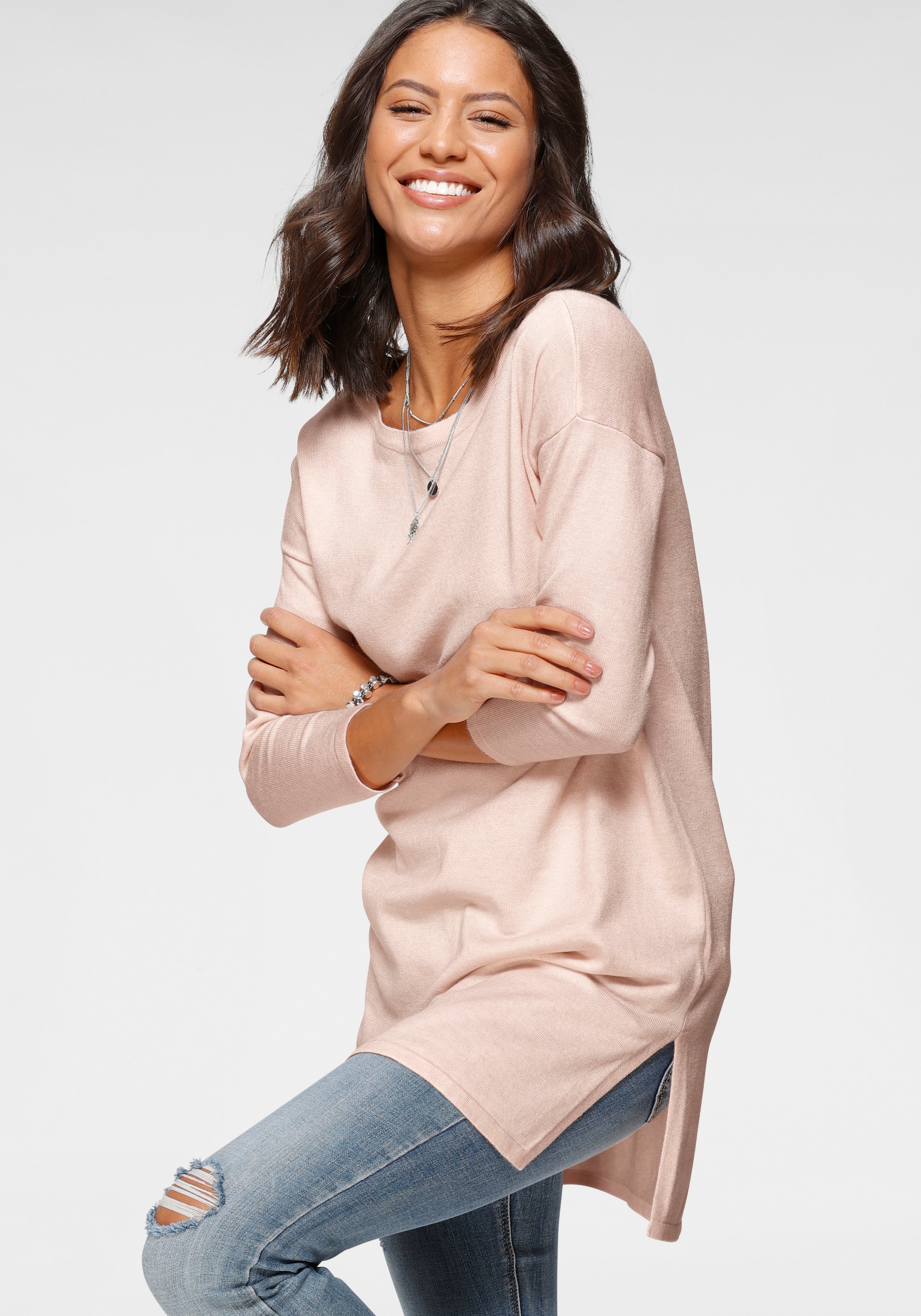Image of Laura Scott Longpullover Feinstrick mit U-Boot Ausschnitt und seitlichem Schlitz