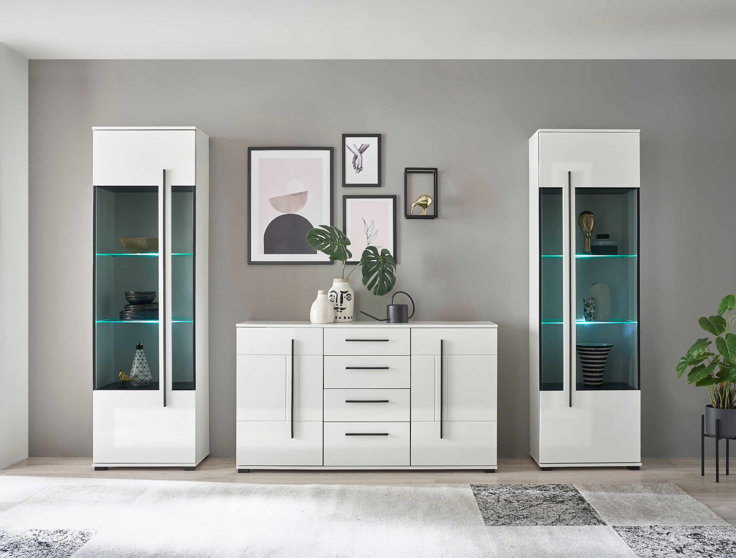 INOSIGN Wohnwand »Cantara, moderne Anbauwand, Wohnzimmer-Set, in Eiche Evoke oder Weiss«, (Set), enthält zwei Vitrinen und ein Sideboard
