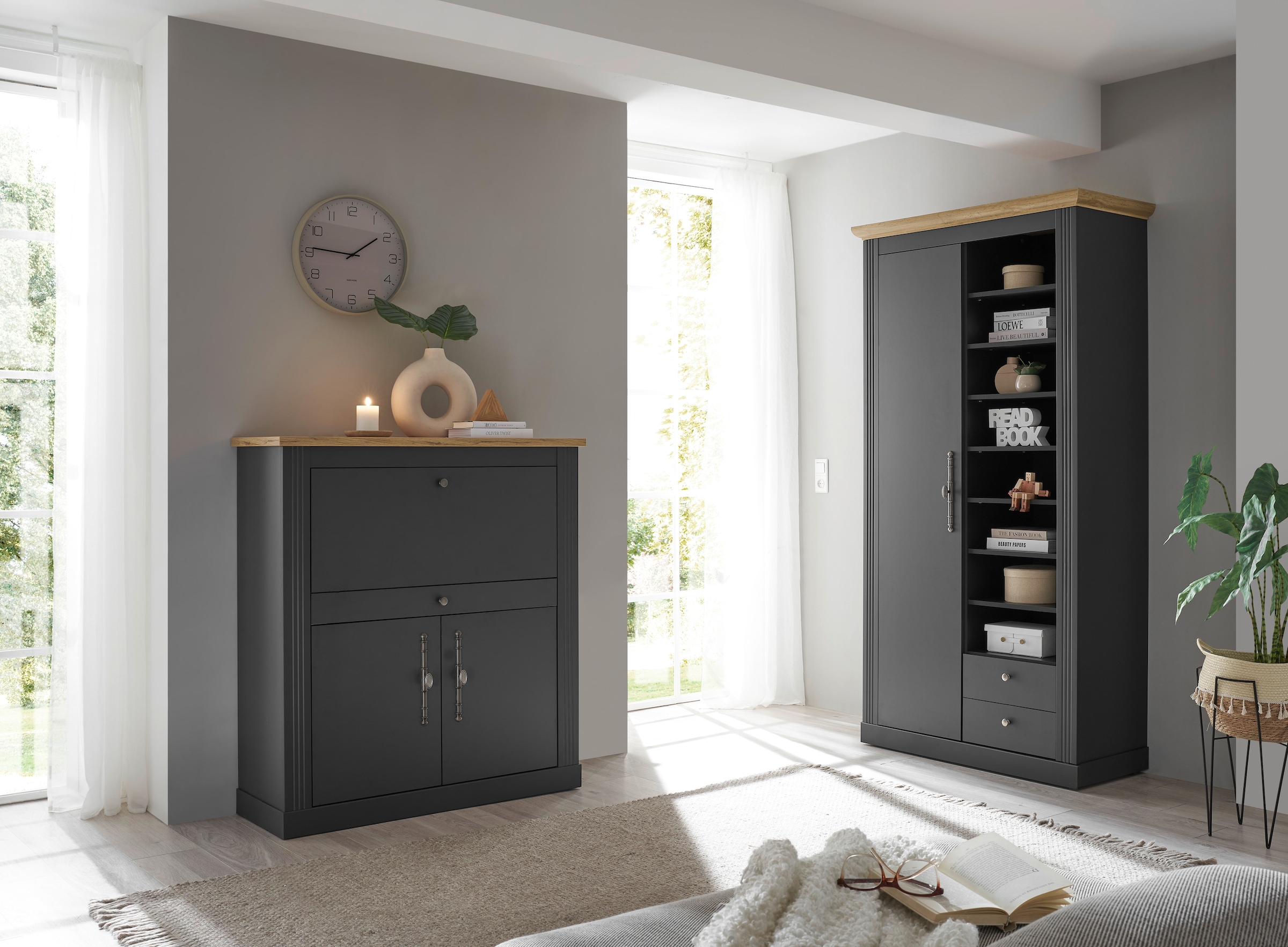 GOODproduct Büromöbel-Set »Westminster, wohnliches Home-Office, Büro in zwei Farben verfügbar« Set, 2 tlg. enthält Sekretär und Stauraumschrank im Landhausstil, mit Kabelkanal