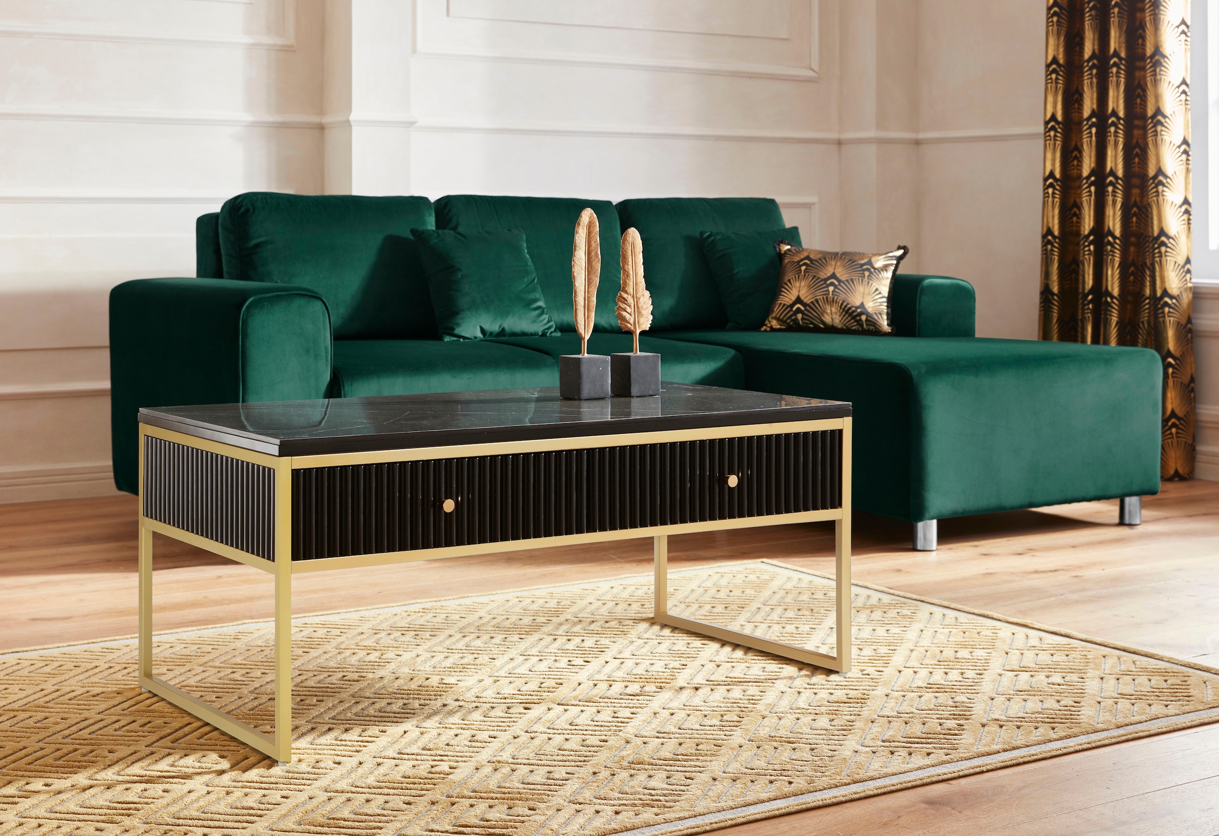 Leonique Table basse »Fleuriss« Keramikplatte, goldenen Beinen, FSC-zertifiziertem Holz, Breite 110 cm