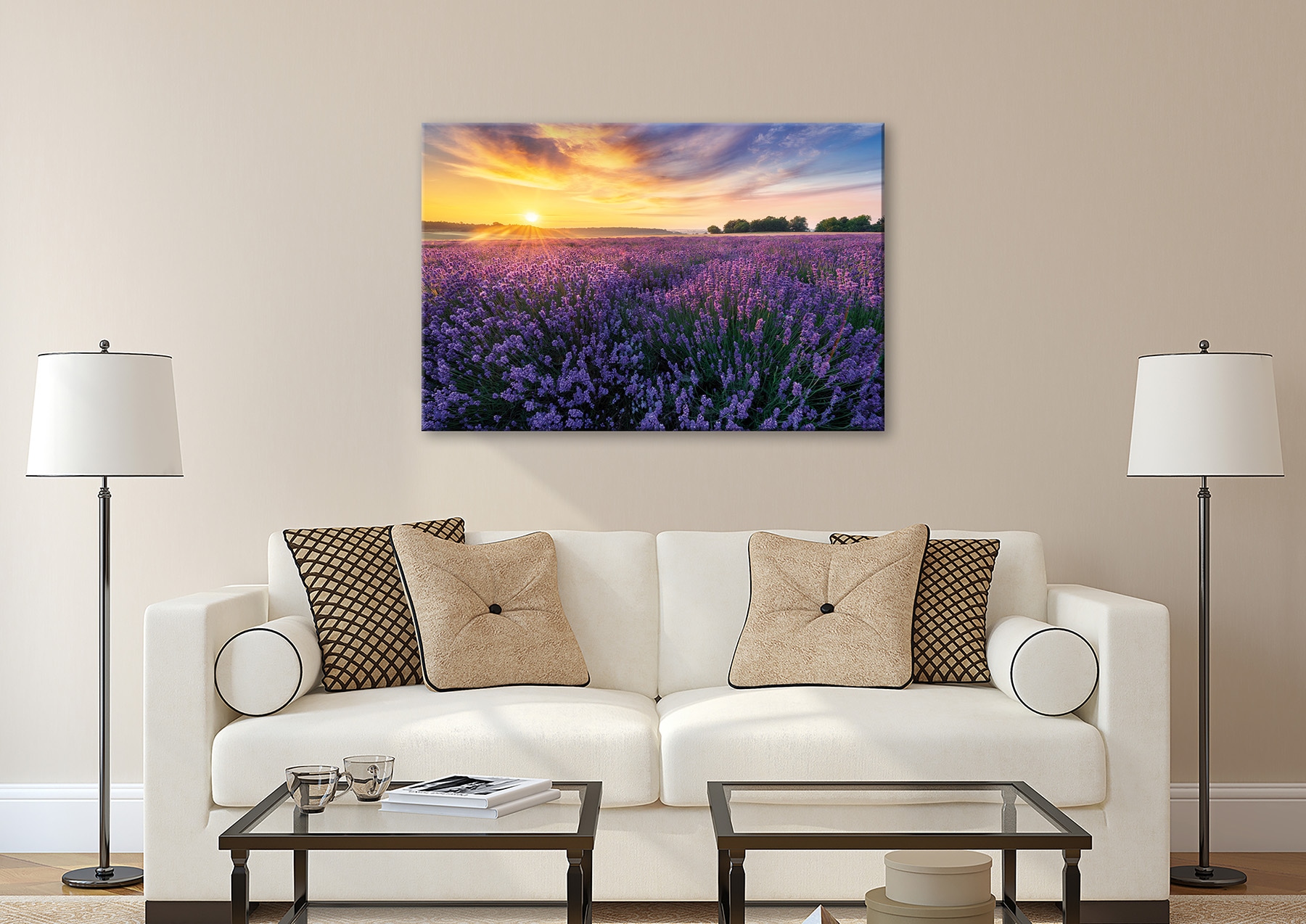 Bönninghoff Leinwandbild »Wandbild LAVENDELFELD 78x118 cm – Leinwandbild Keilrahmen Deko modern« Felder | Sonnenaufgang 1 Stk. tlg. auf Keilrahmen gespannt