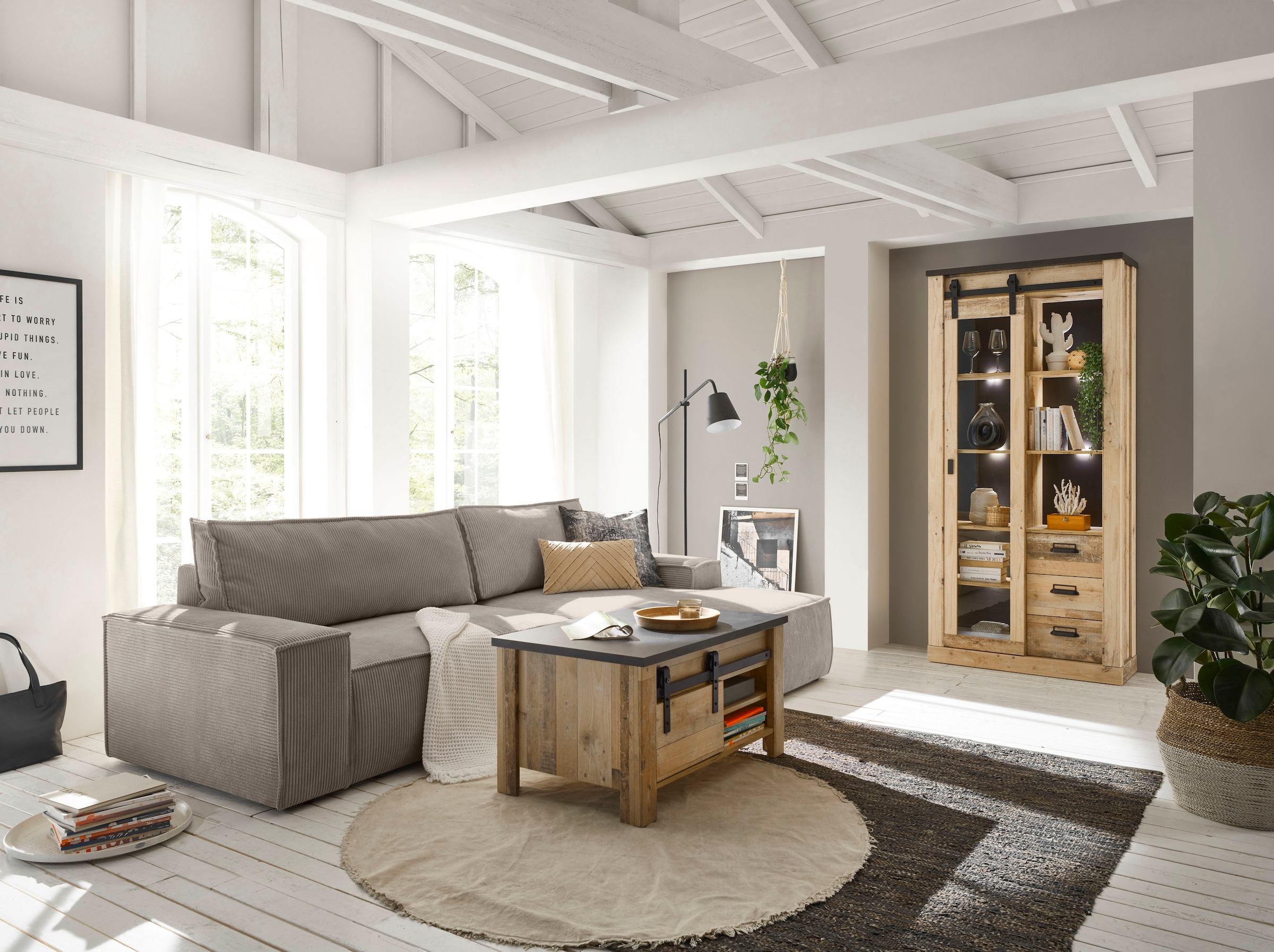 Home affaire Canapé d'angle »SHERWOOD Schlafsofa 267 cm, L-Form,« Schlaffunktion mit Bettkasten (210x136 cm), Cord, Vintage, Samtvelours