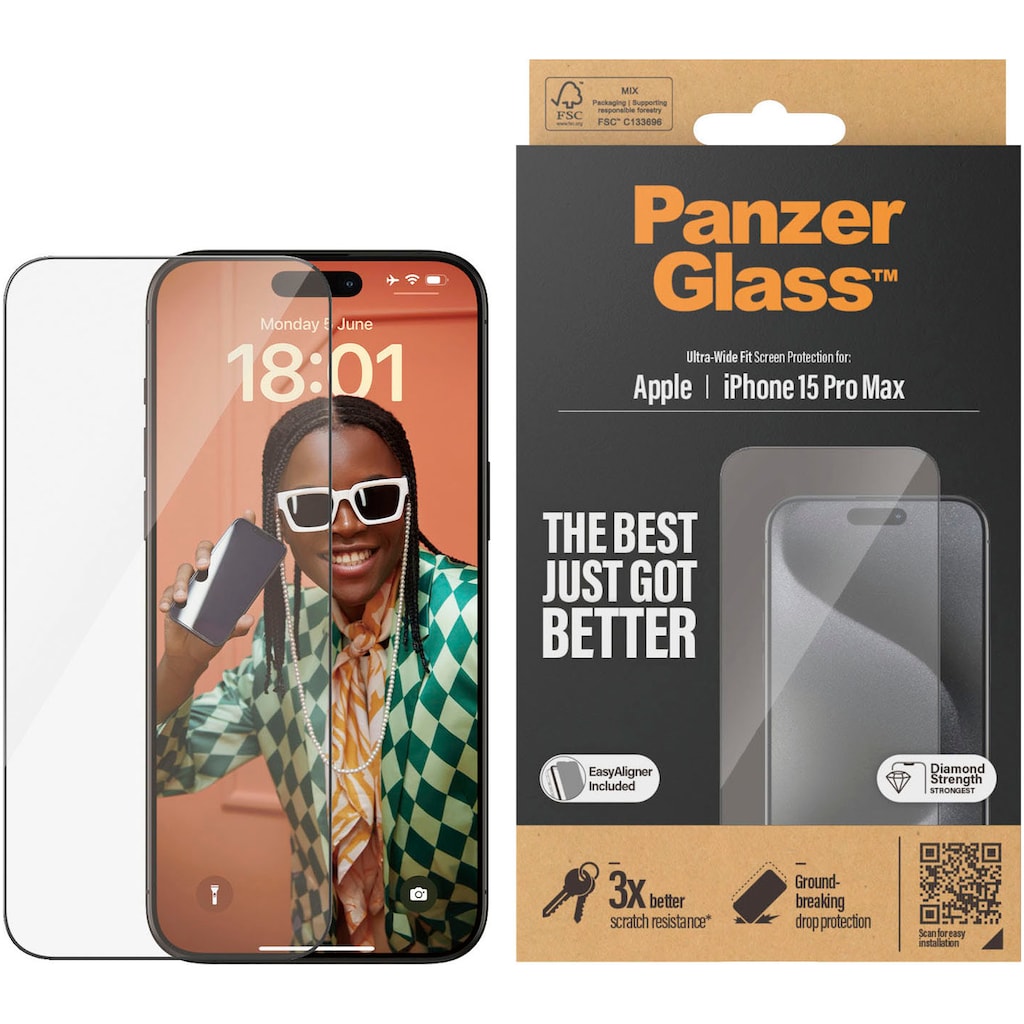 PanzerGlass Displayschutzglas »Displayschutz iPhone 15 Pro Max«, für iPhone 15 Pro Max, (1 St., Displayschutz mit Installationshilfe EasyAligner), Kratz-& Stossfest, Antibakteriell, Vergilbungsresistent