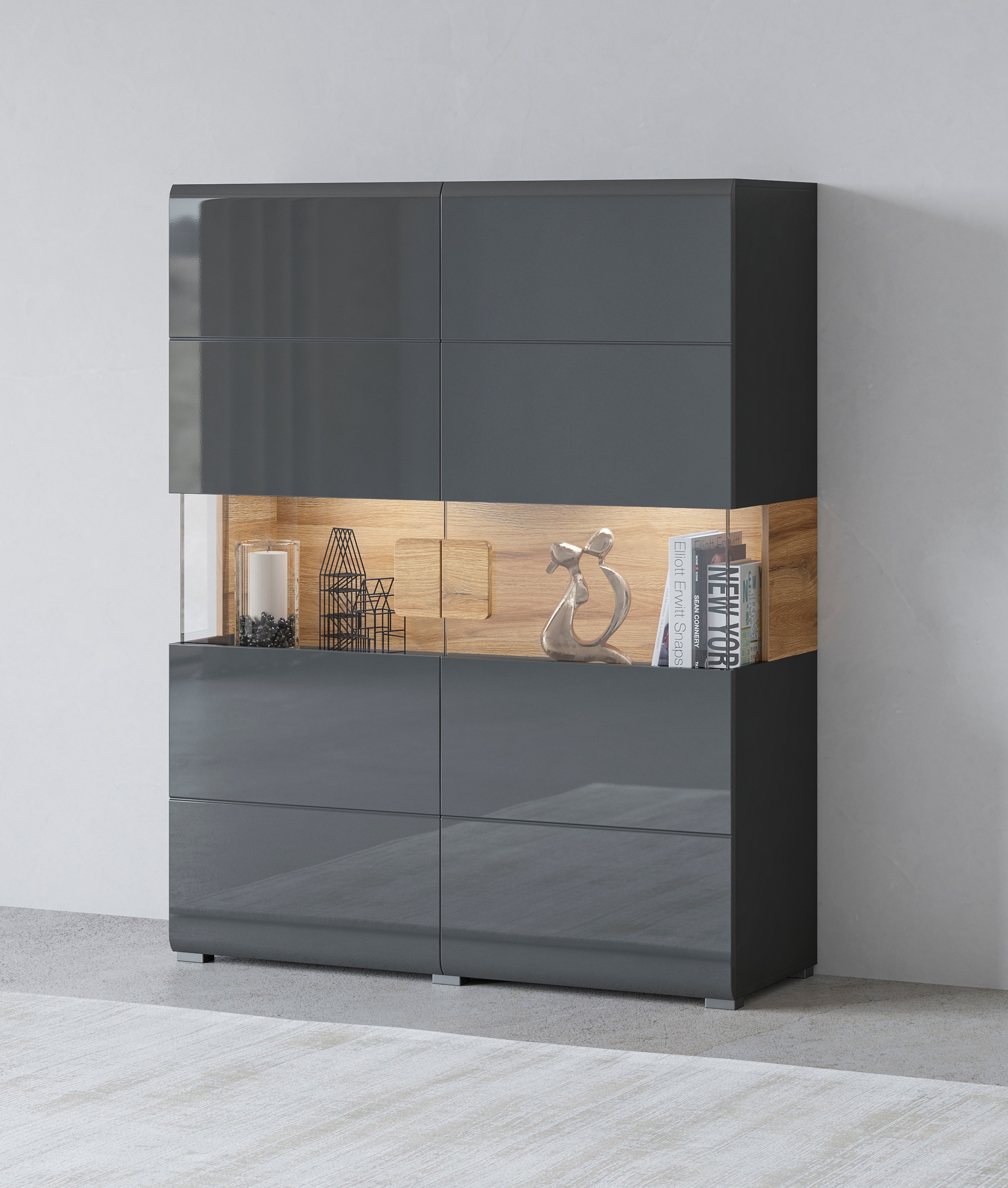 Image of GOODproduct Highboard "Toledo,Breite 121,5 cm, trendige Hochkommode mit 2 Türen" Hochschrank mit Glas-Partien,stylische Hochglanzfronten
