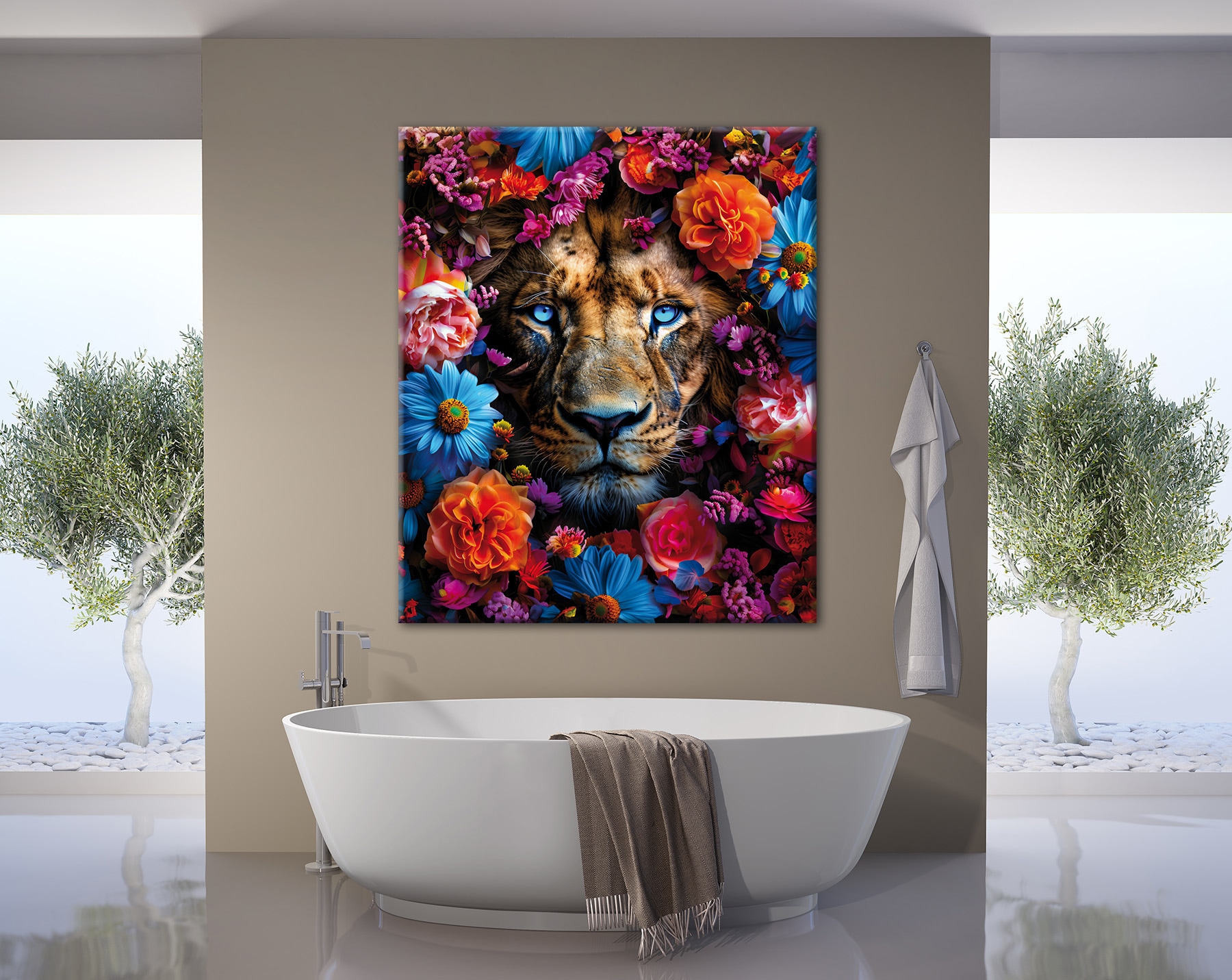 Bönninghoff Leinwandbild »Wandbild LÖWE BLUMENKRANZ XXL 118x140 cm – Leinwandbild Keilrahmen« Blumen | Blumenbilder | Kunst | Löwe | Löwen | Pflanzen | Pflanzenbilder | Raubkatzen | Tiere 1 Stk. tlg. auf Keilrahmen gespannt