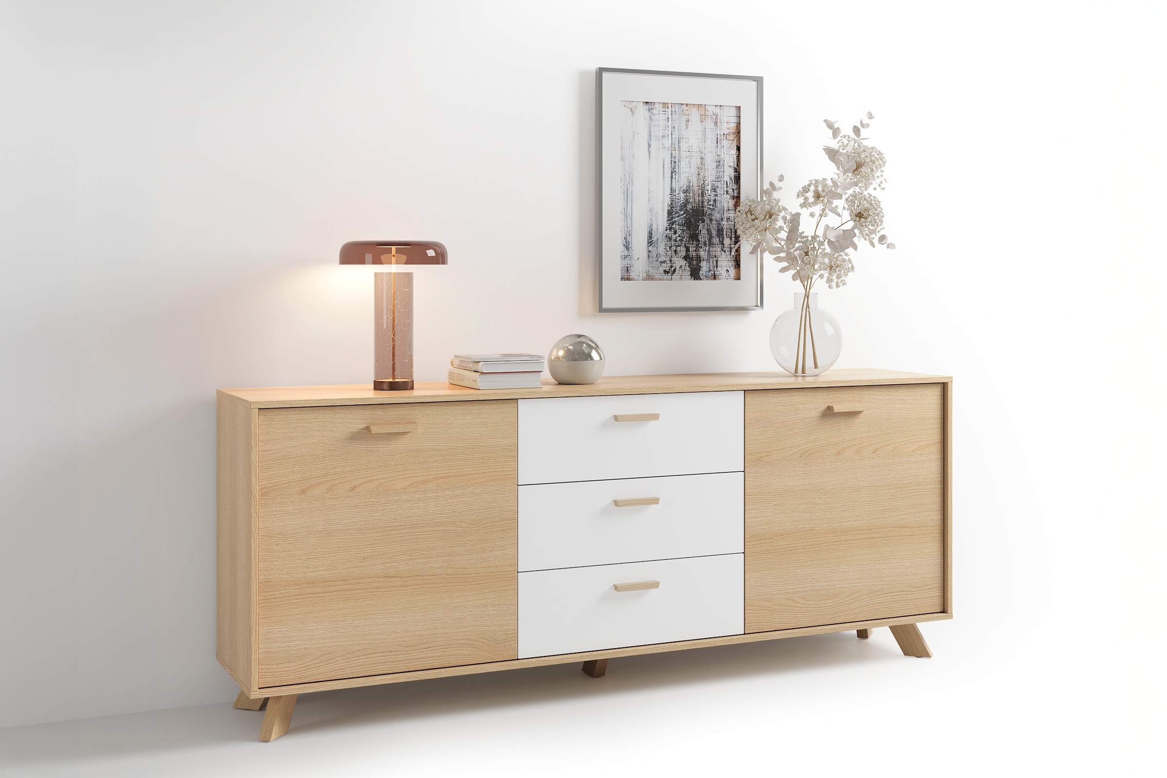 Image of byLIVING Sideboard "Bastian" 1 Stk. tlg. mit massiven Holzfüssen und Griffen, natürlicher Eichenlook, 180cm